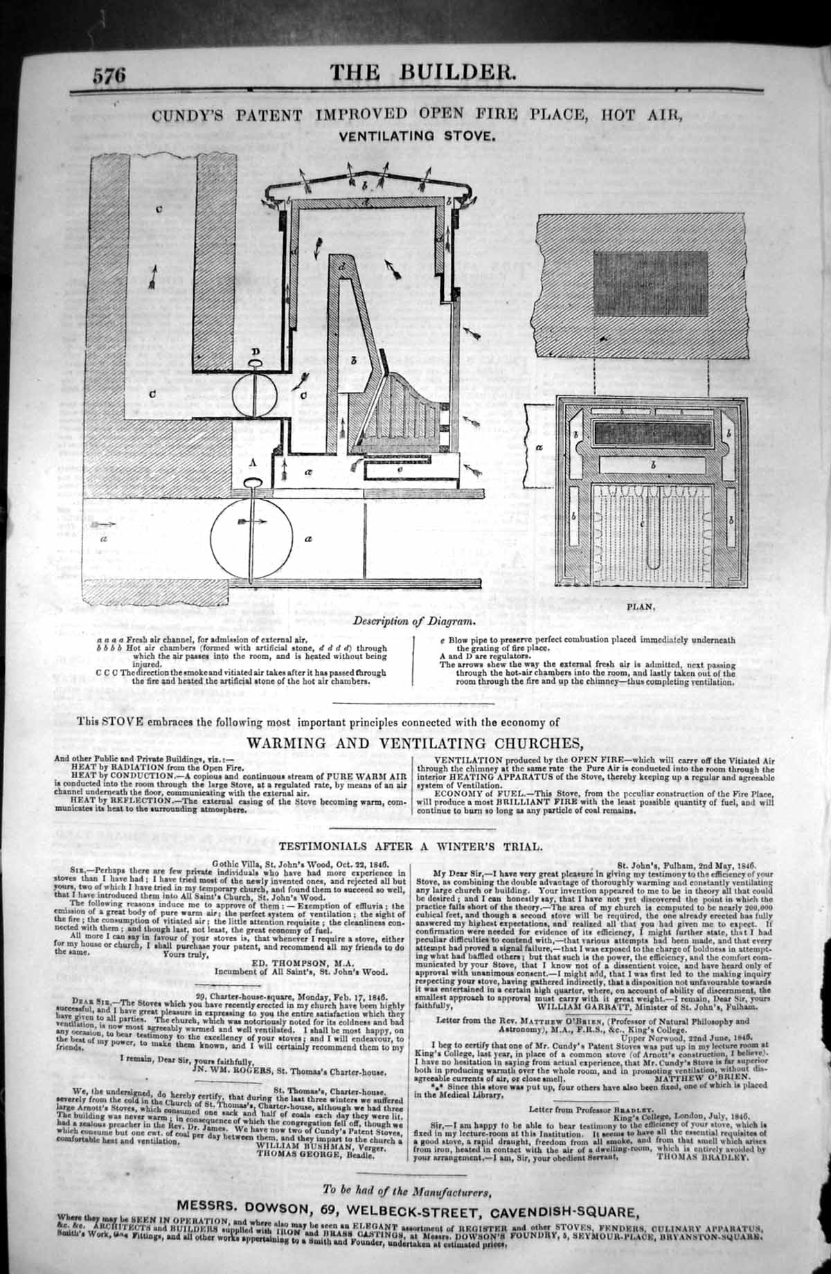 Old Architecture 1846 Builder Cundy Patent Improved Open Fire Place V Victorian