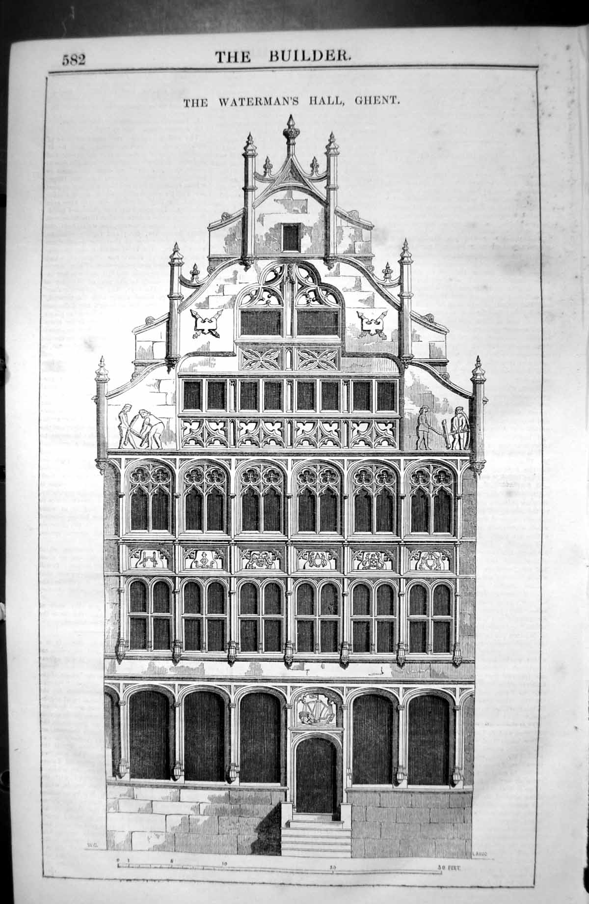 Original Old Antique Print Waterman Hall Ghent Architecture 1846 Builder 19th