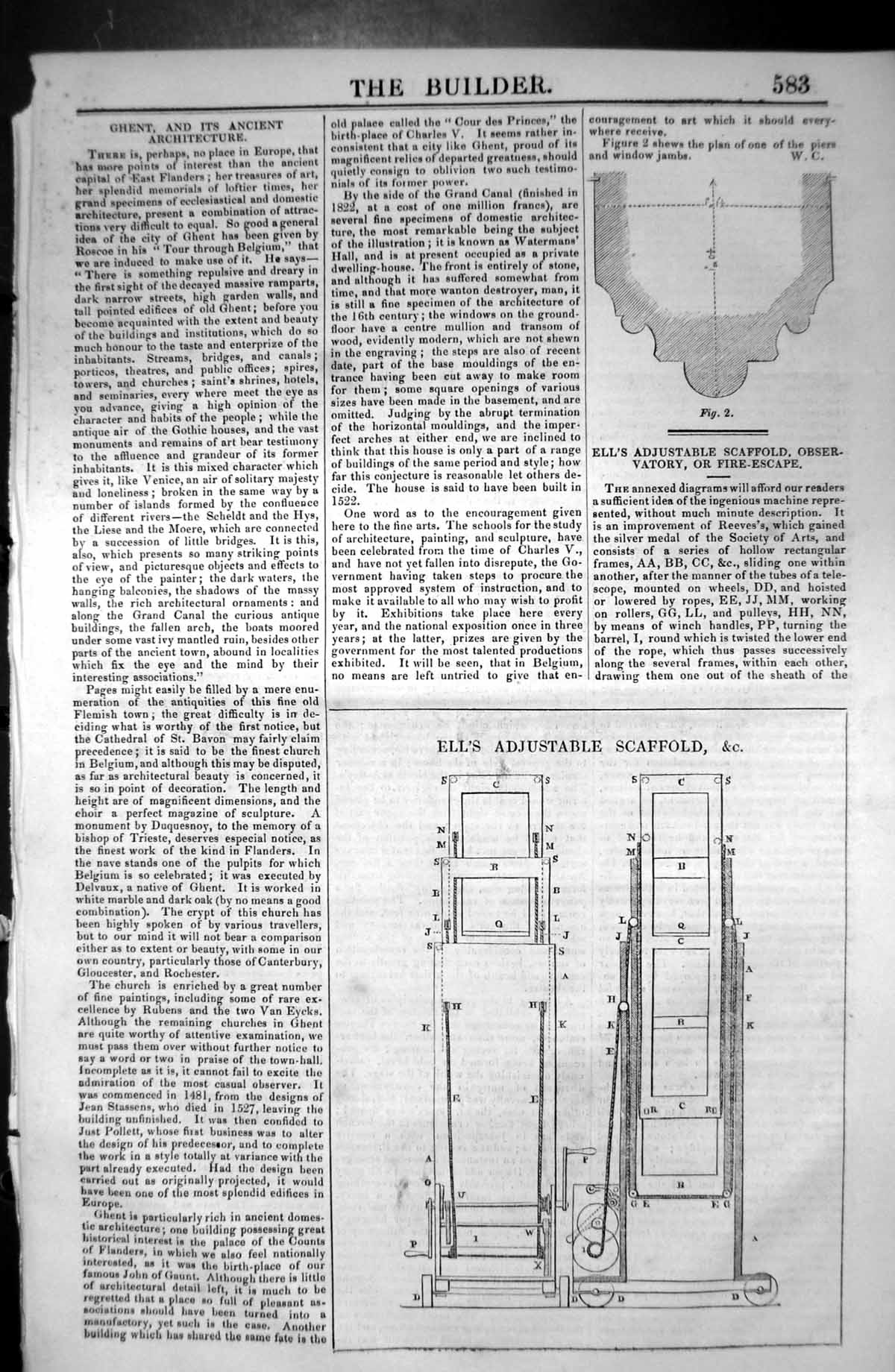 Original Old Antique Print Eel Adjustable ScaffFire Escape 1846 Builder 19th