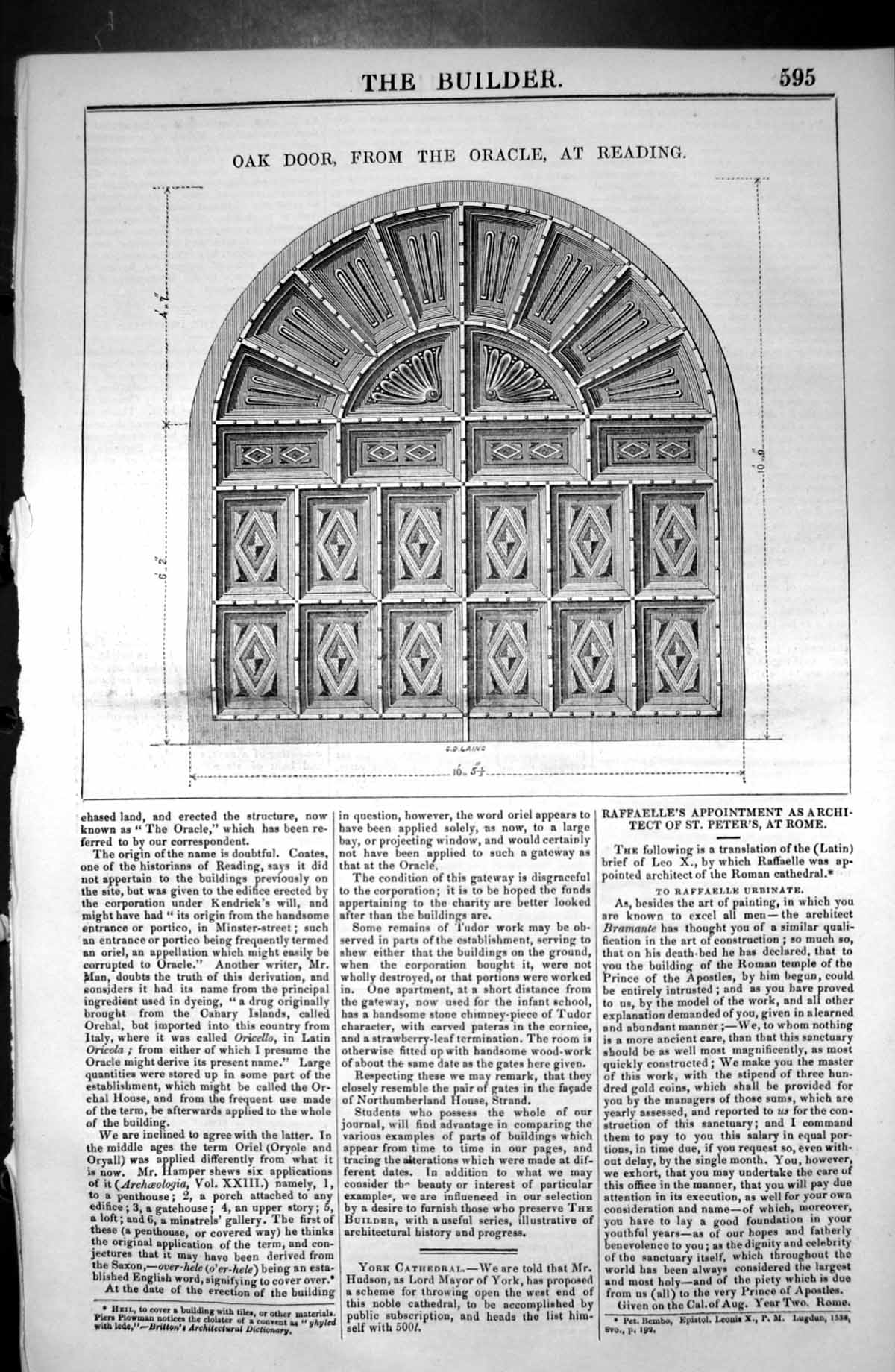 Antique Old Print Oak Door Oracle Reading England Architecture 1846 Builder
