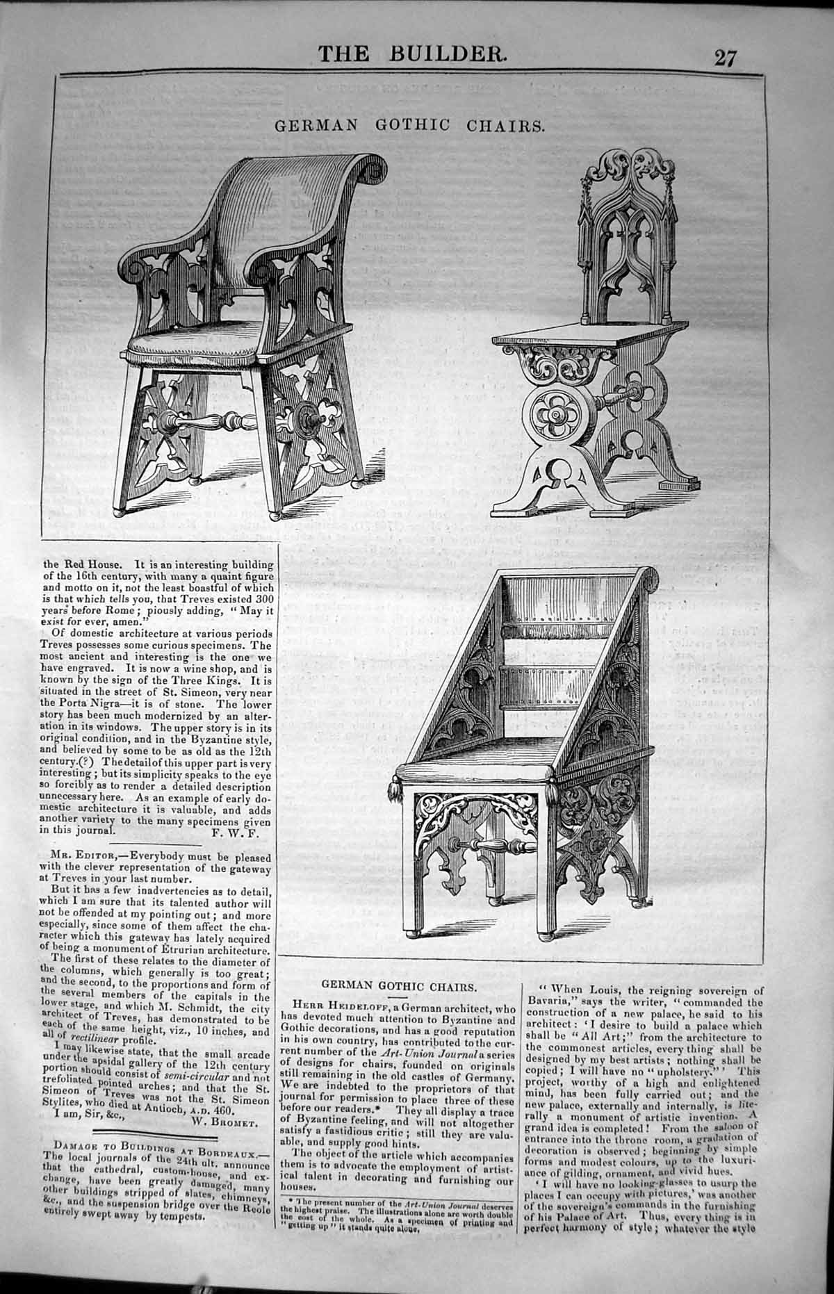 Antique Old Print German Gothic Chairs Heideloff Architecture 1847 Builder 19th