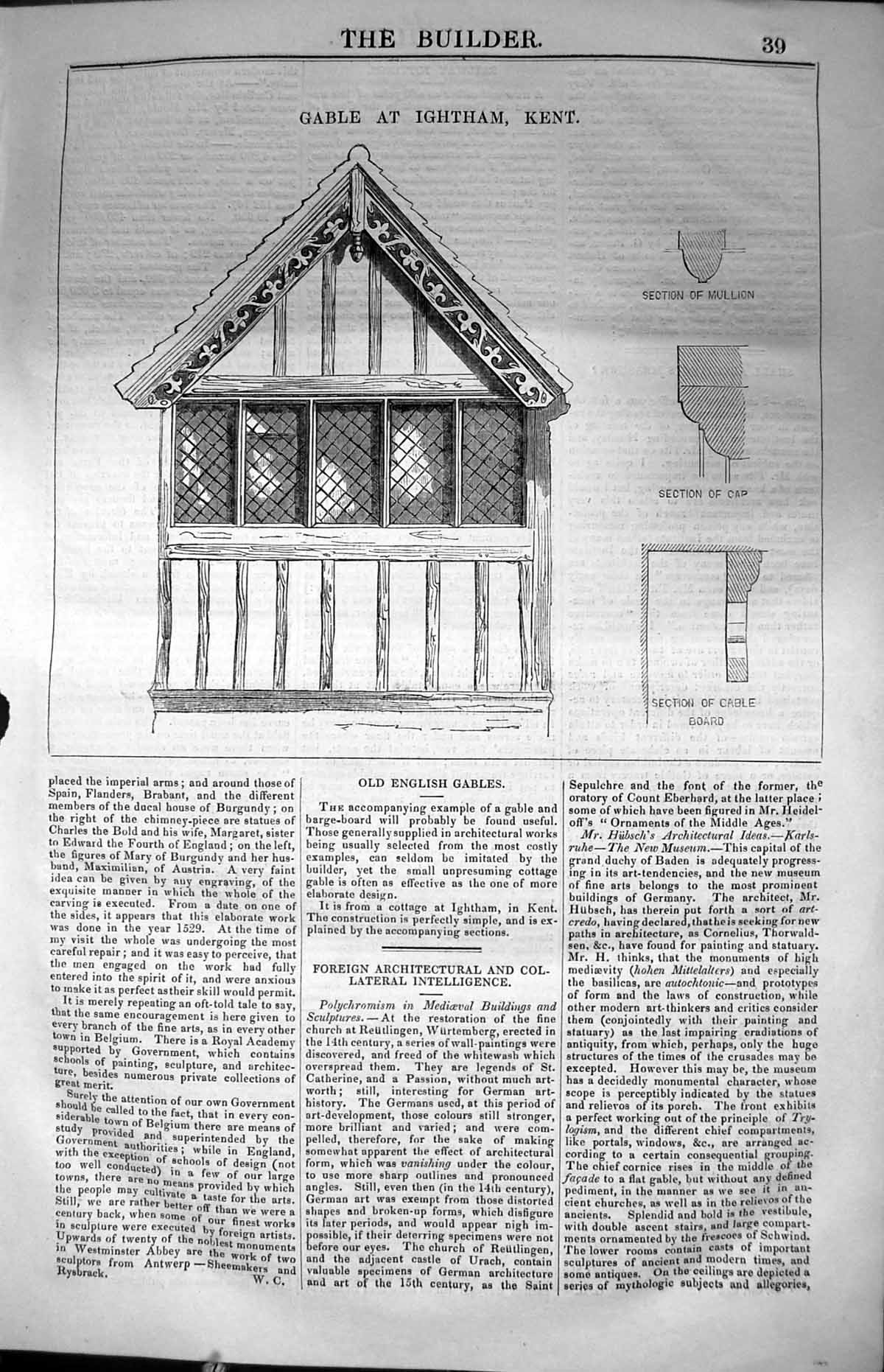 Original Old Antique Print English Gable Igthahm Kent Architecture 1847 Builder