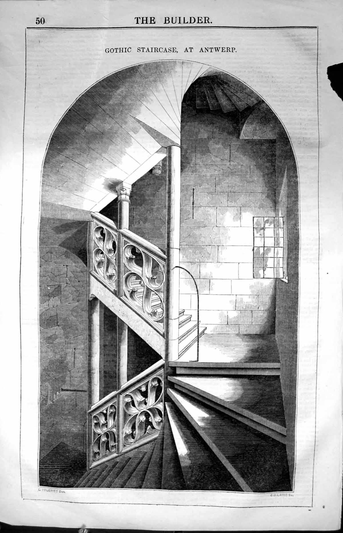 Original Old Antique Print Gothic Staircase Antwerp Architecture 1847 Builder
