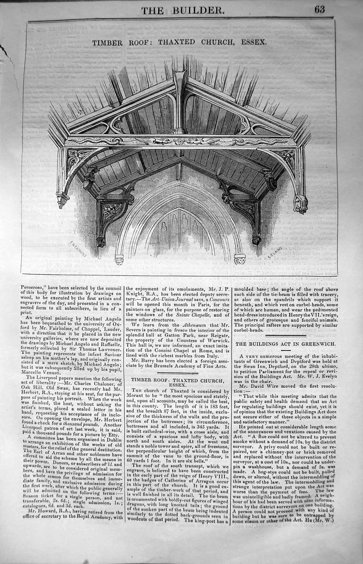 Old Print Timber RoThaxted Church Essex England Architecture 1847 Builde 19th