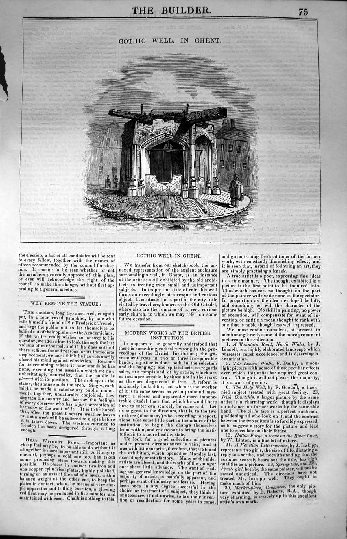 Original Old Antique Print Gothic Well Ghent Architecture 1847 Builder 19th