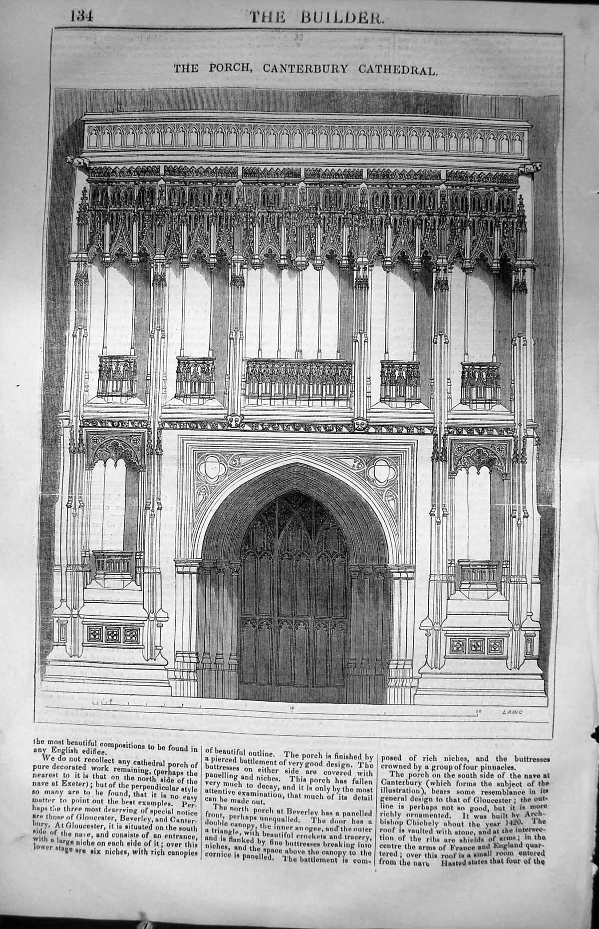 Original Old Antique Print Porch Canterbury Cathedral Architecture 1847 Builder
