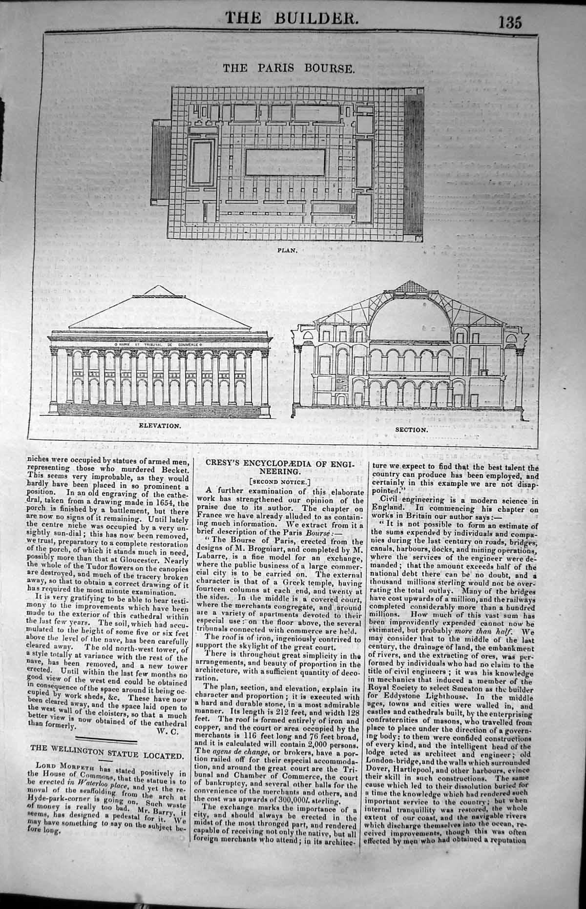 Antique Print Paris Bourse Plan Elevation France Architecture 1847 Builder 19th