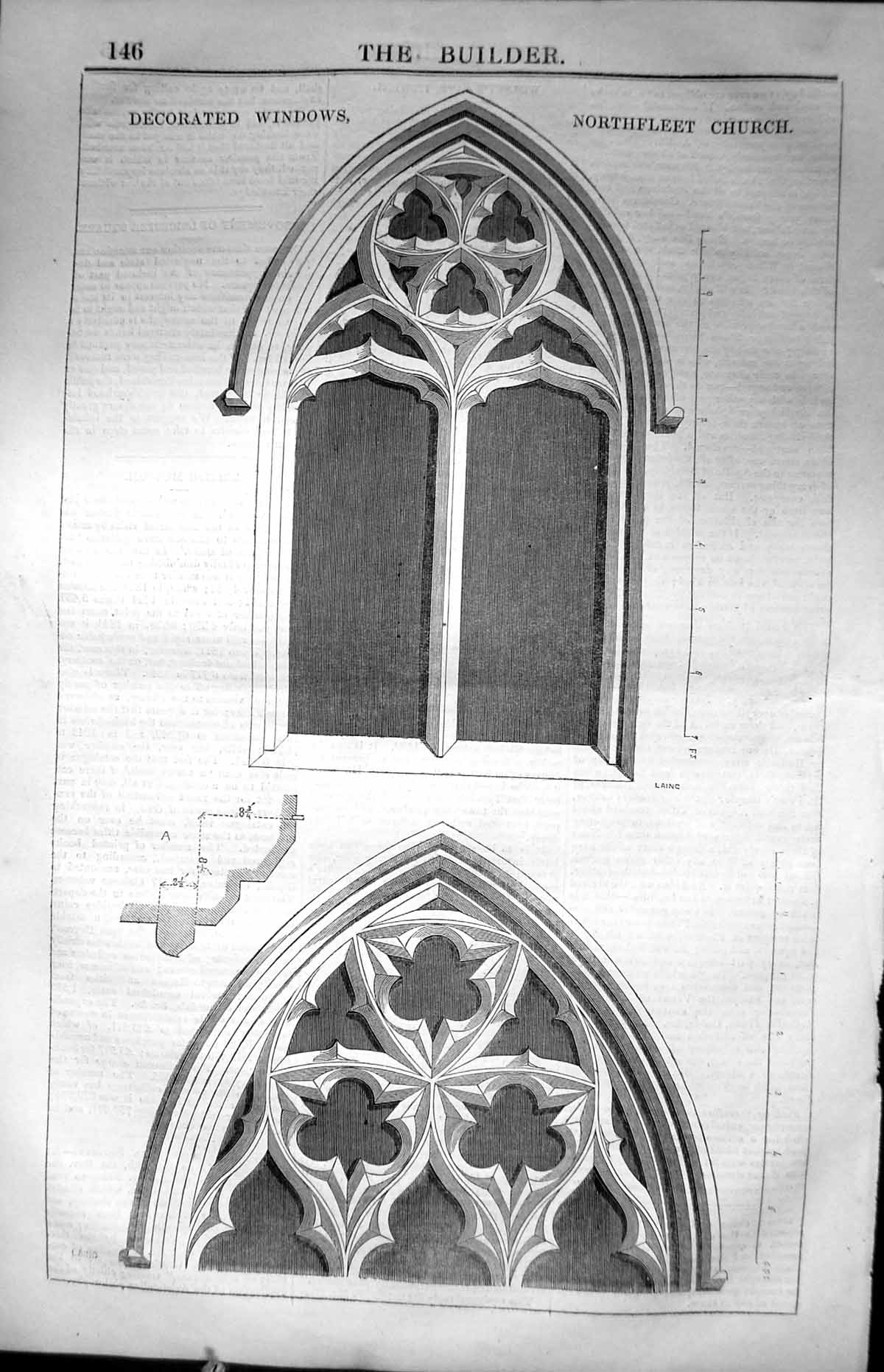 Antique Print Architecture 1847 Builder Decorated Windows Northfleet Church
