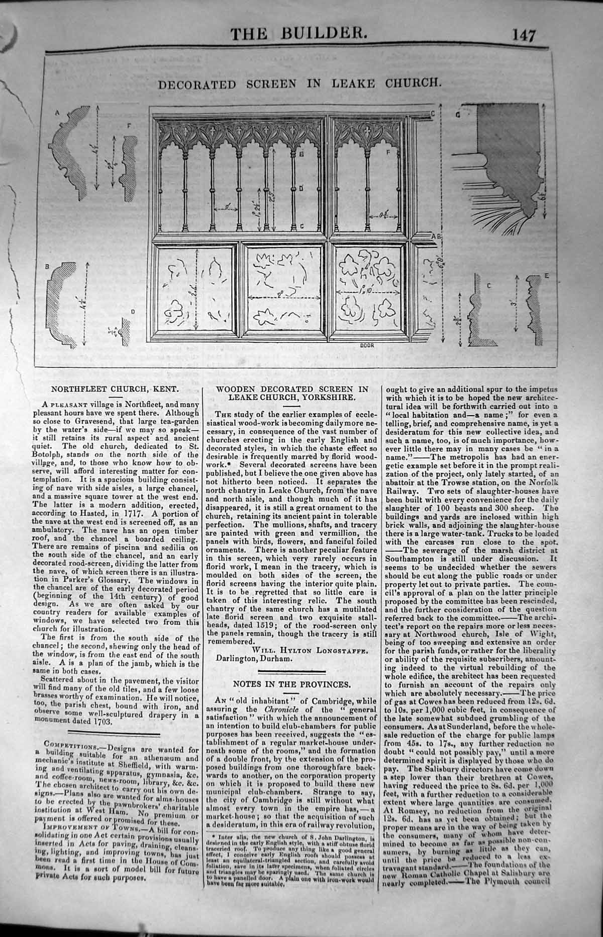 Old Antique Print Decorated Screen Leake Church Architecture 1847 Builder 19th