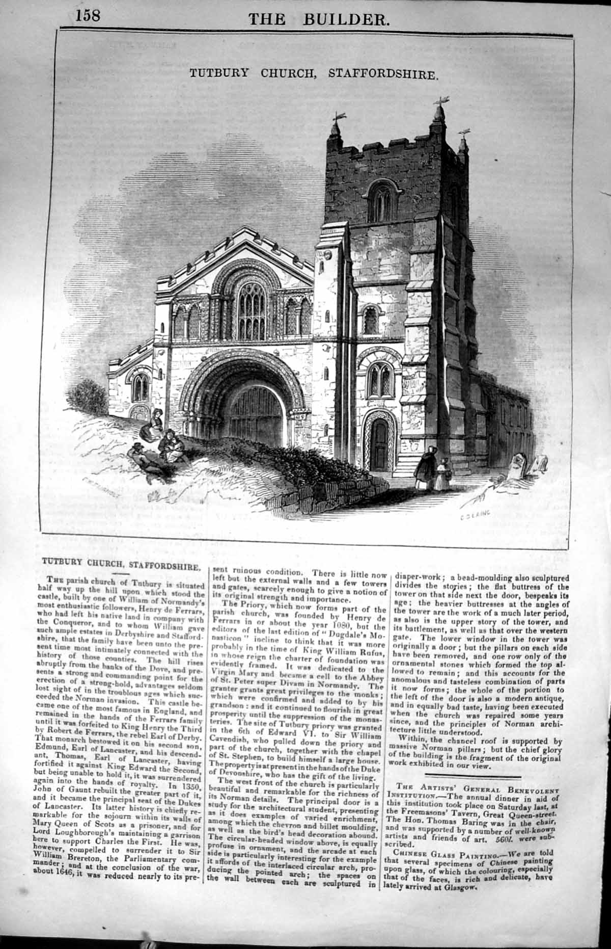 Old Print Tutbury Church Staffordshire England Architecture 1847 Builder 19th