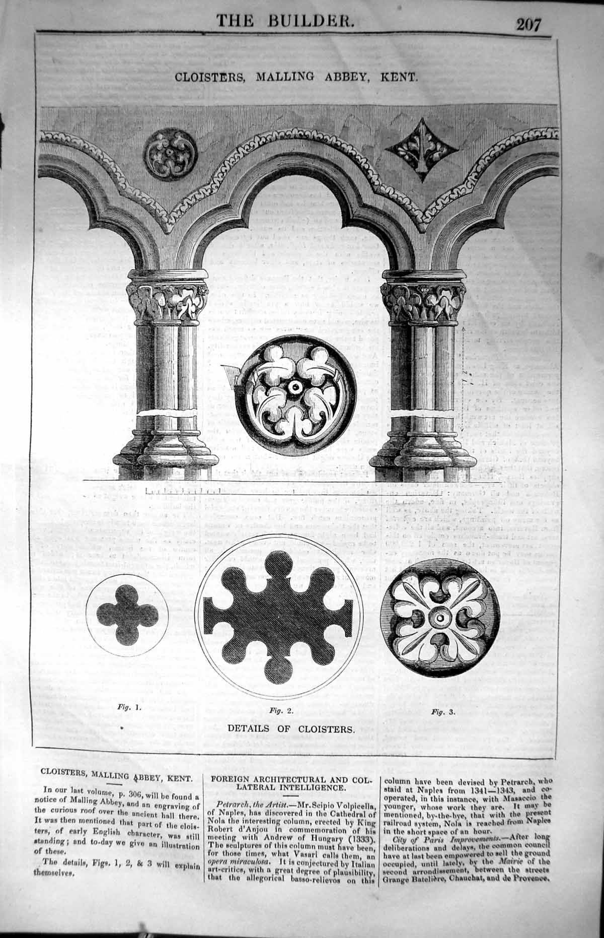 Old Antique Print Cloisters Malling Abbey Kent Architecture 1847 Builder 19th