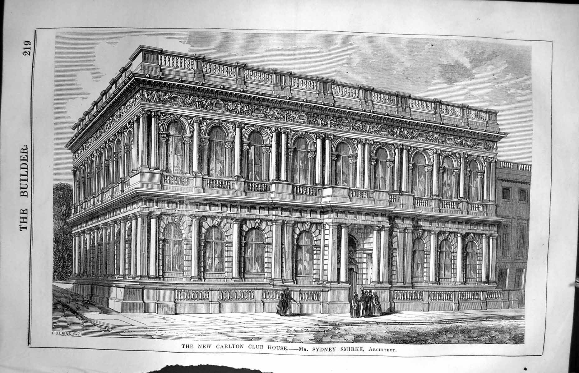 Antique Old Print Architecture 1847 Builder Carlton Club House Sydney Smirke
