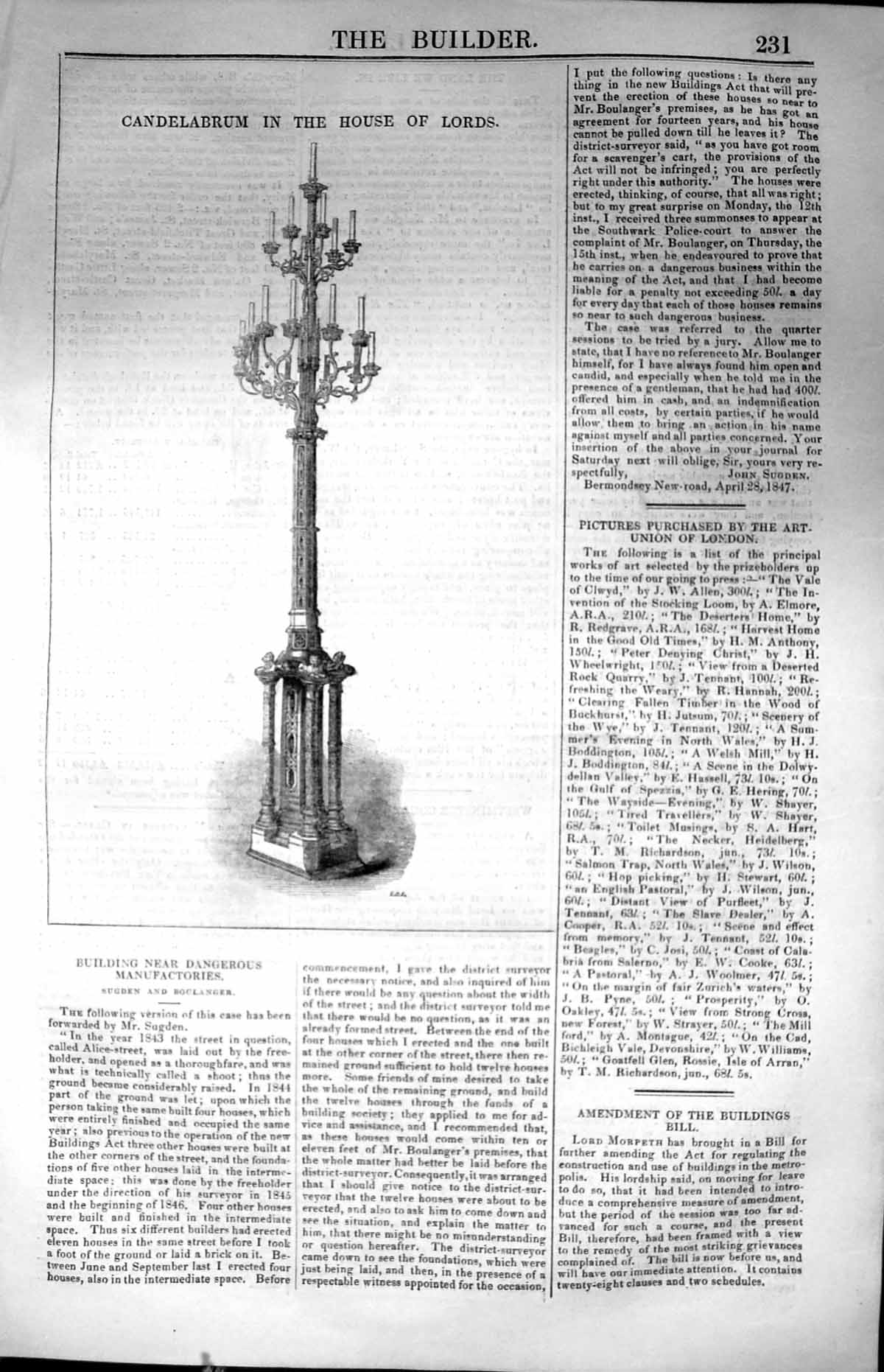 Antique Old Print Candelabrum House Lords London Architecture 1847 Builder 19th