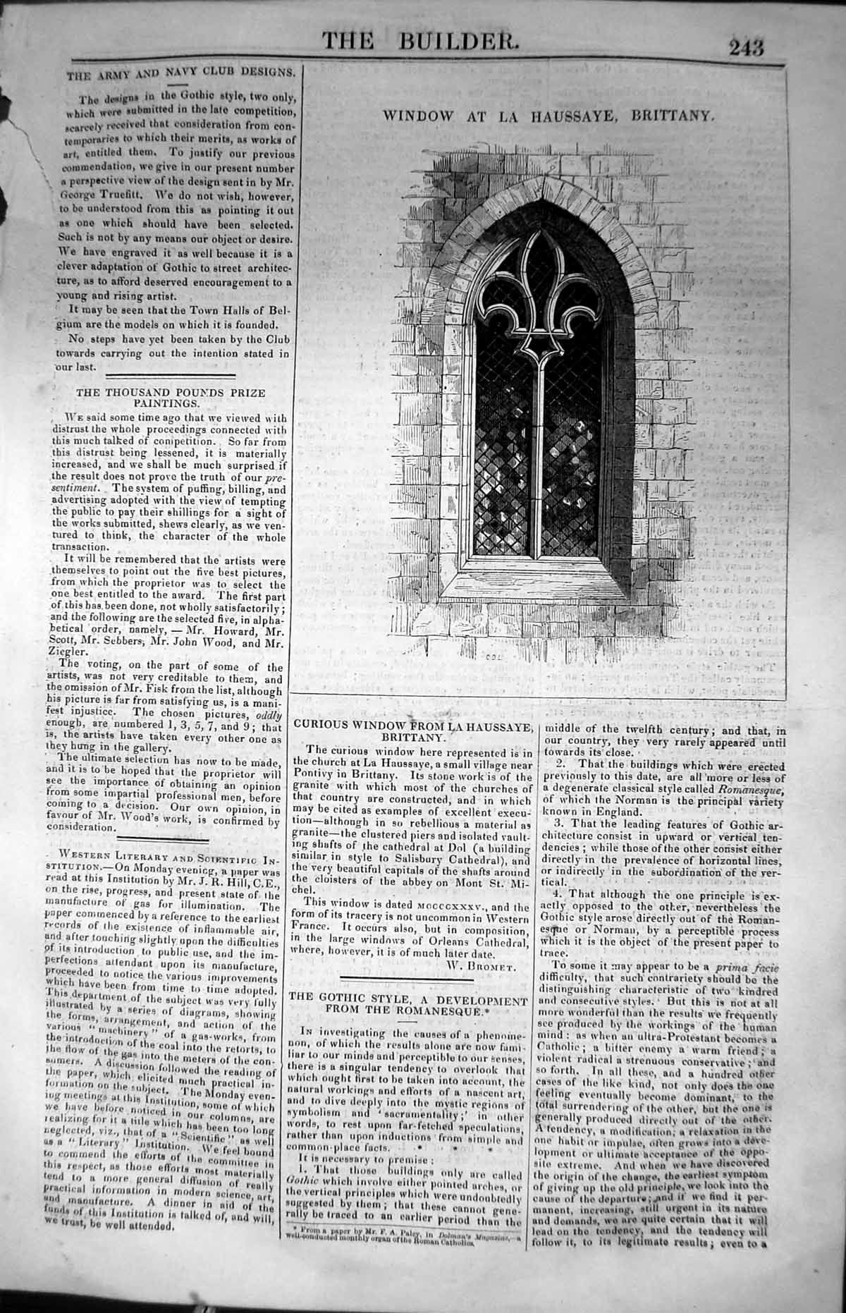 Antique Old Print Window Haussaye Brittany France Architecture 1847 Builder