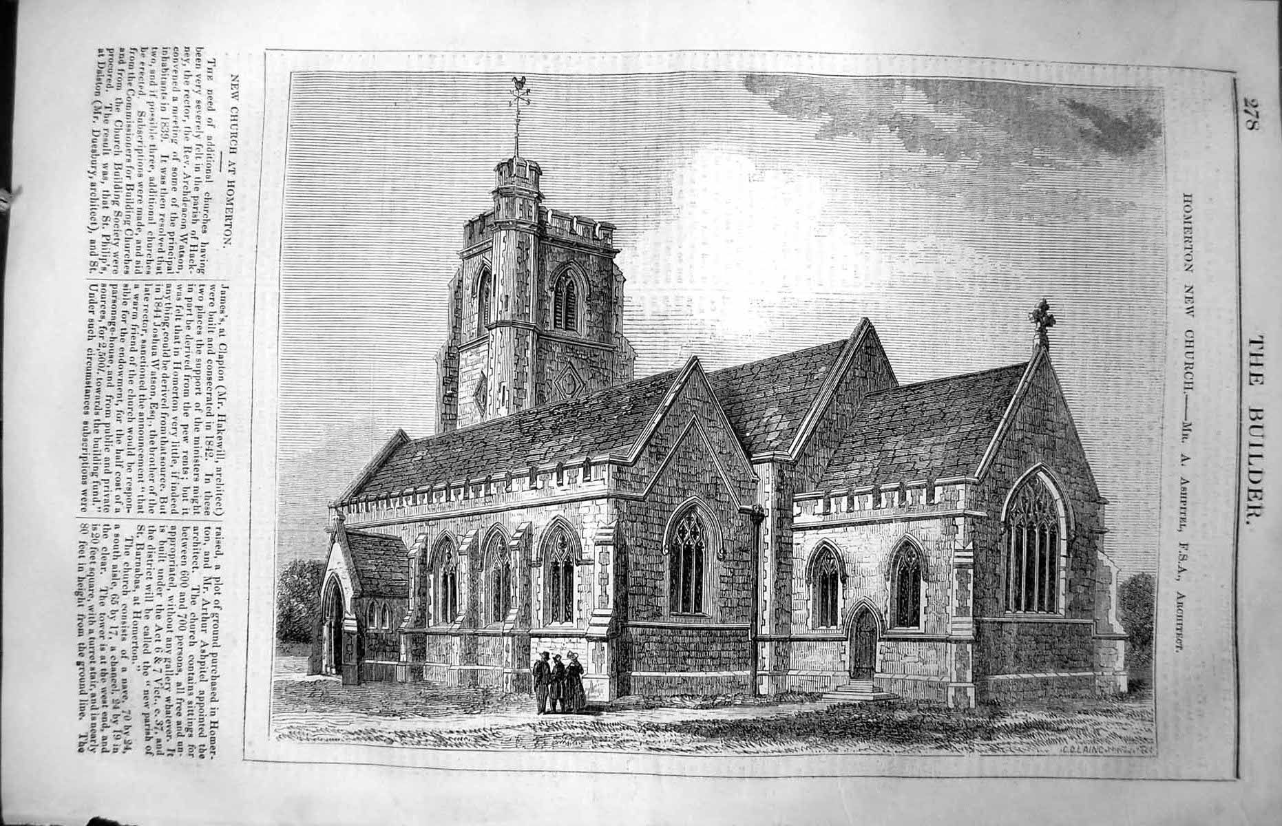 Original Old Antique Print Homerton Church Ashpitel Architecture 1847 Builder