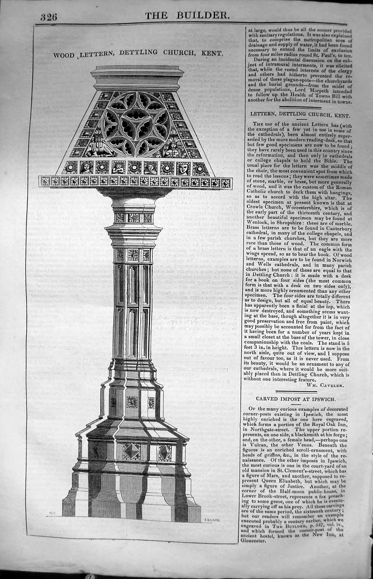 Antique Old Print Wood Lettern Dettling Church Kent Architecture 1847 Builder