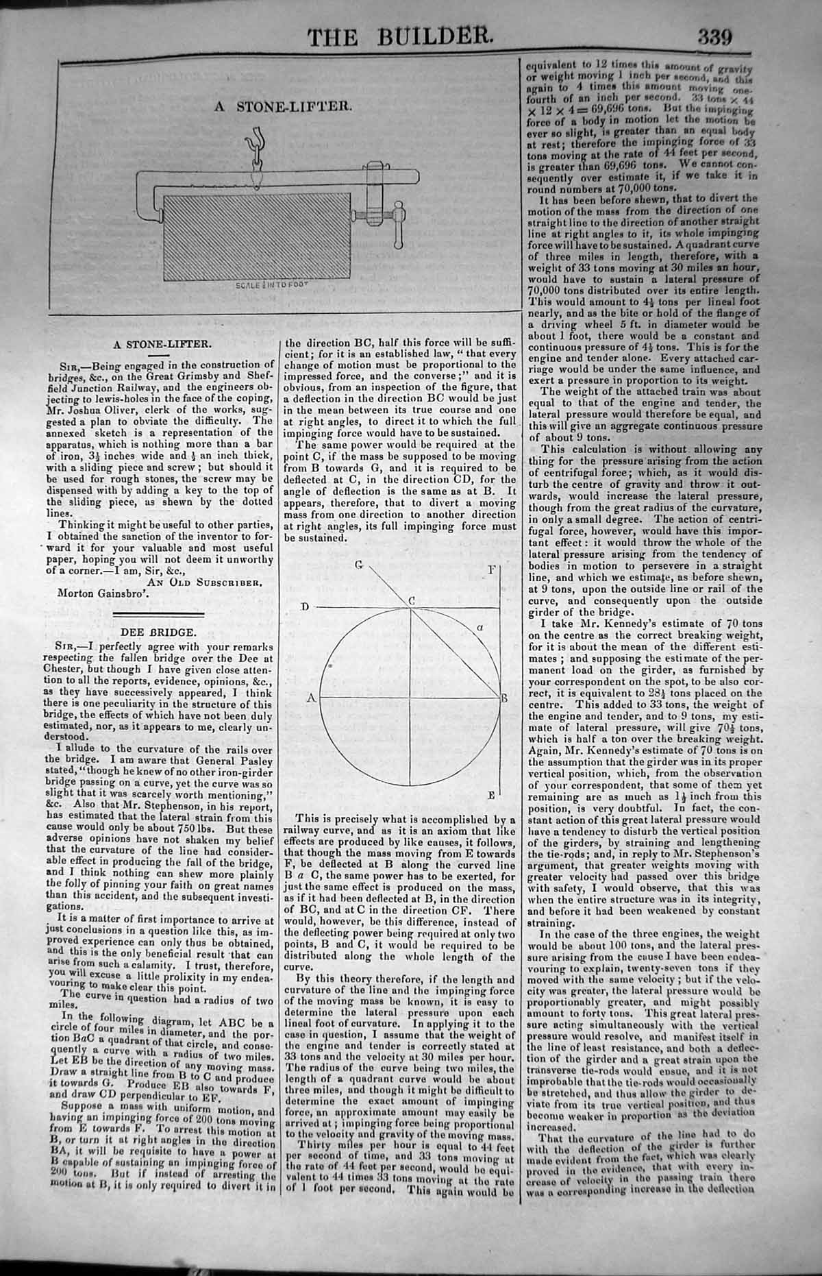 Original Old Antique Print Stone-Lifter Construction Diagram 1847 Builder 19th