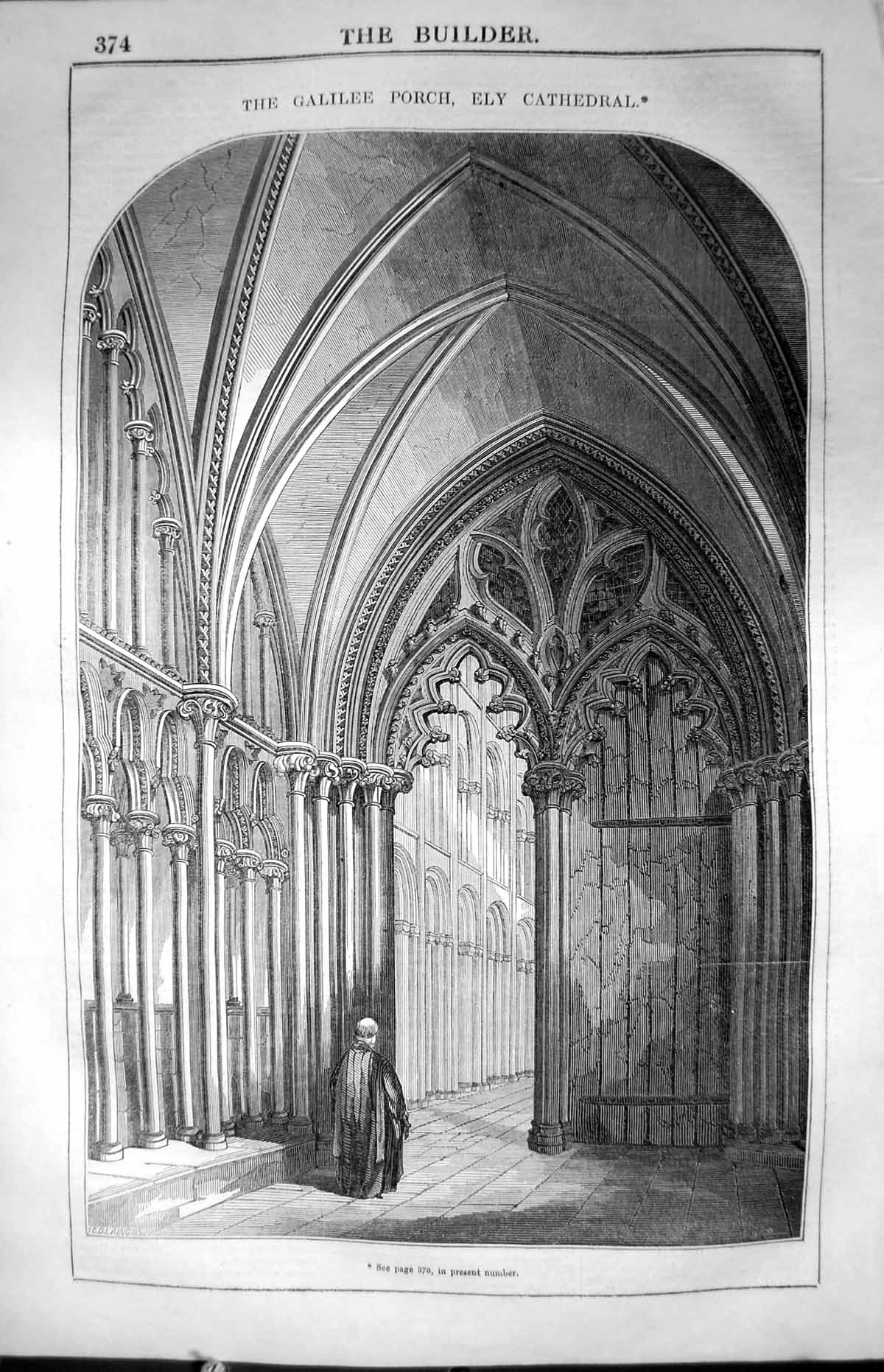 Old Antique Print Galilee Porch Ely Cathedral Architecture 1847 Builder 19th