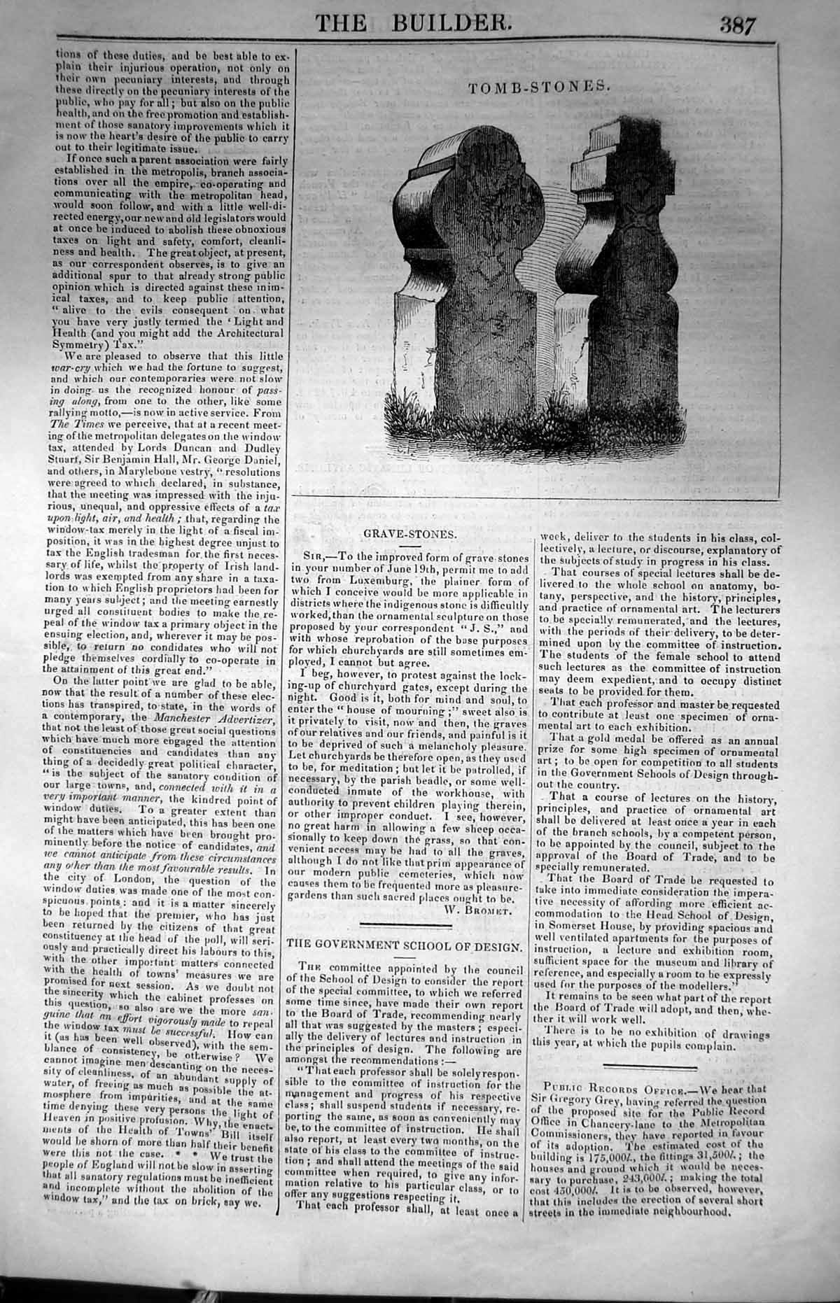 Original Old Antique Print Tomb Stones Graves 1847 Builder 19th