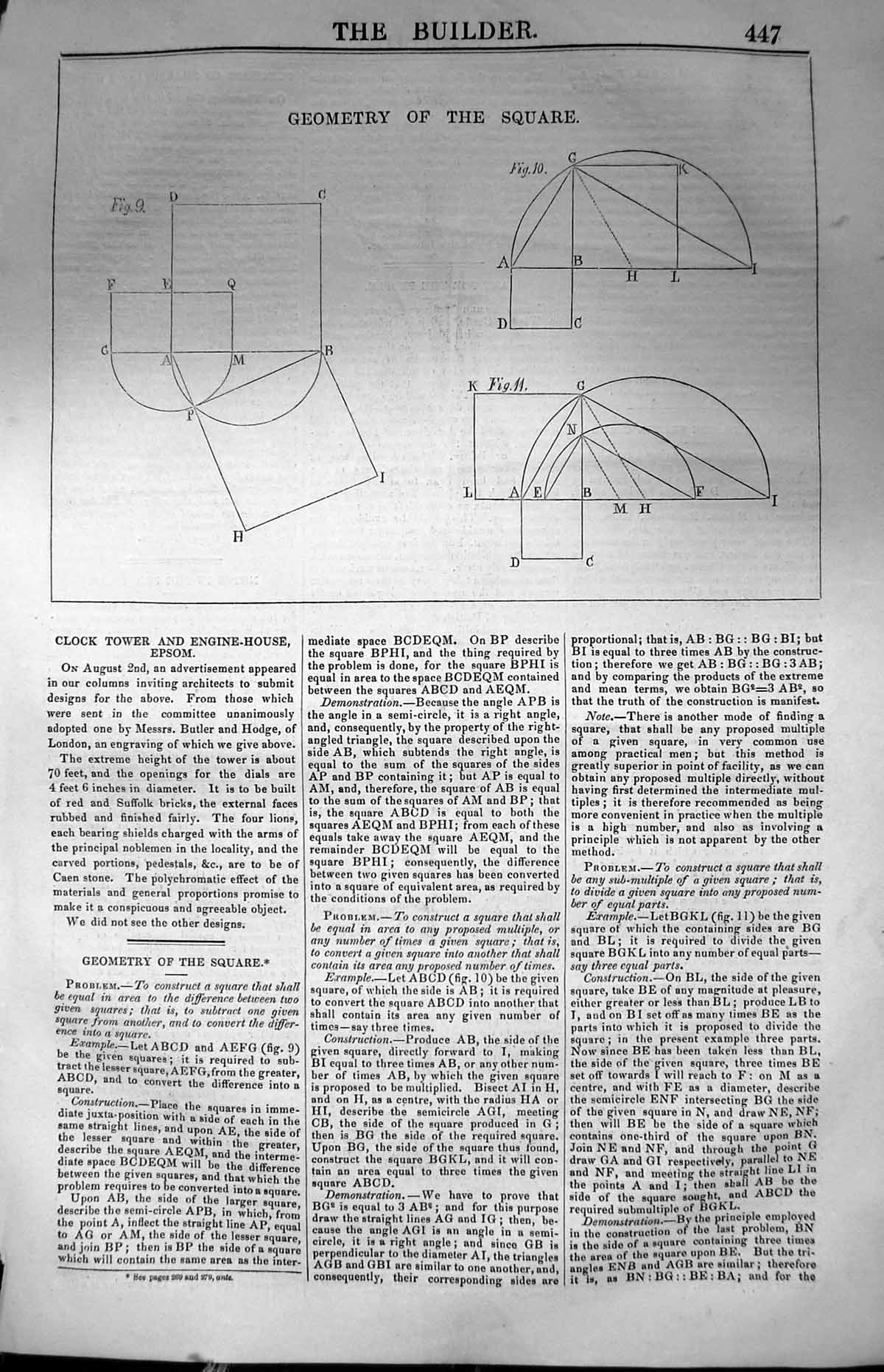 Original Old Antique Print Geometry Square Diagrams 1847 Builder 19th