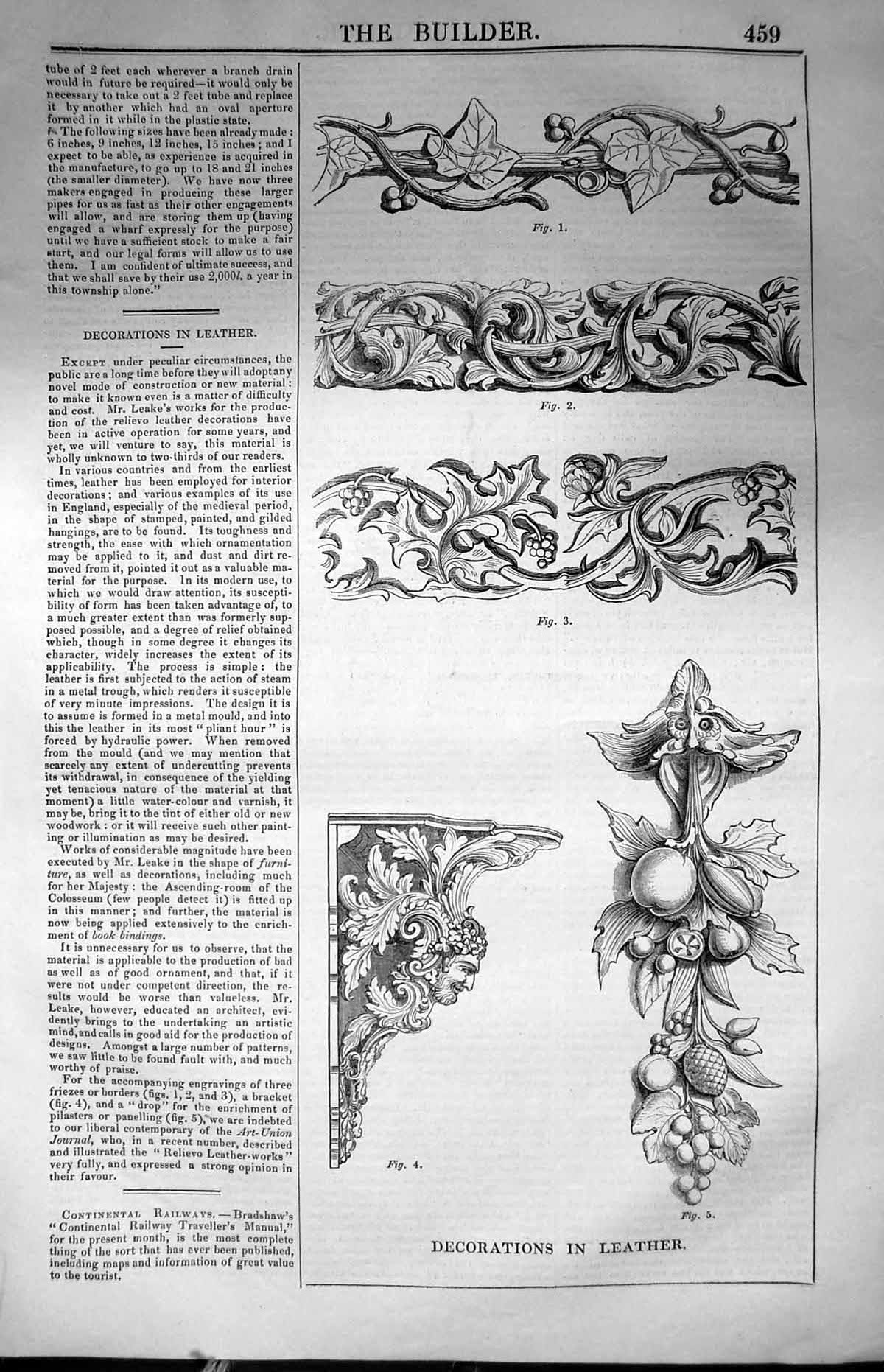 Original Old Antique Print Decorations Leather Leake 1847 Builder Victorian