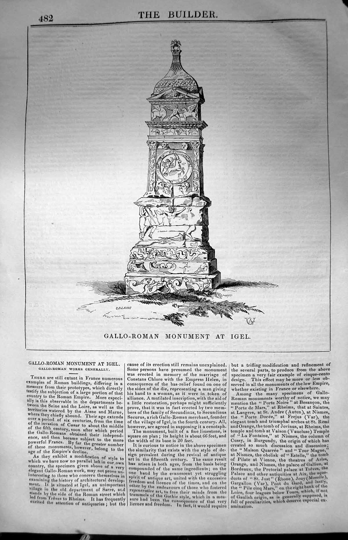 Antique Old Print Architecture 1847 Builder Gallo-Roman Monument Igel France