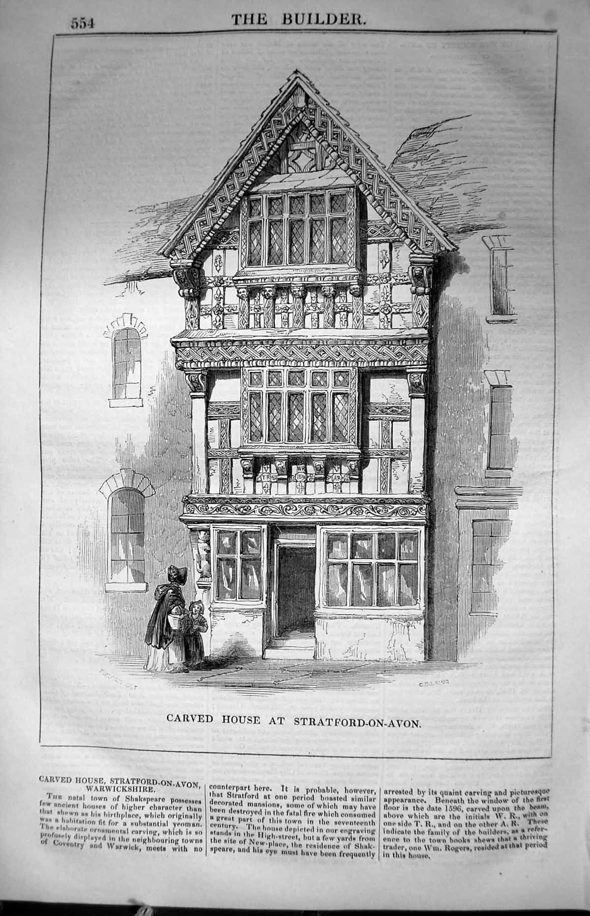 Antique Old Print Carved House Stratford-On-Avon Architecture 1847 Builder 19th