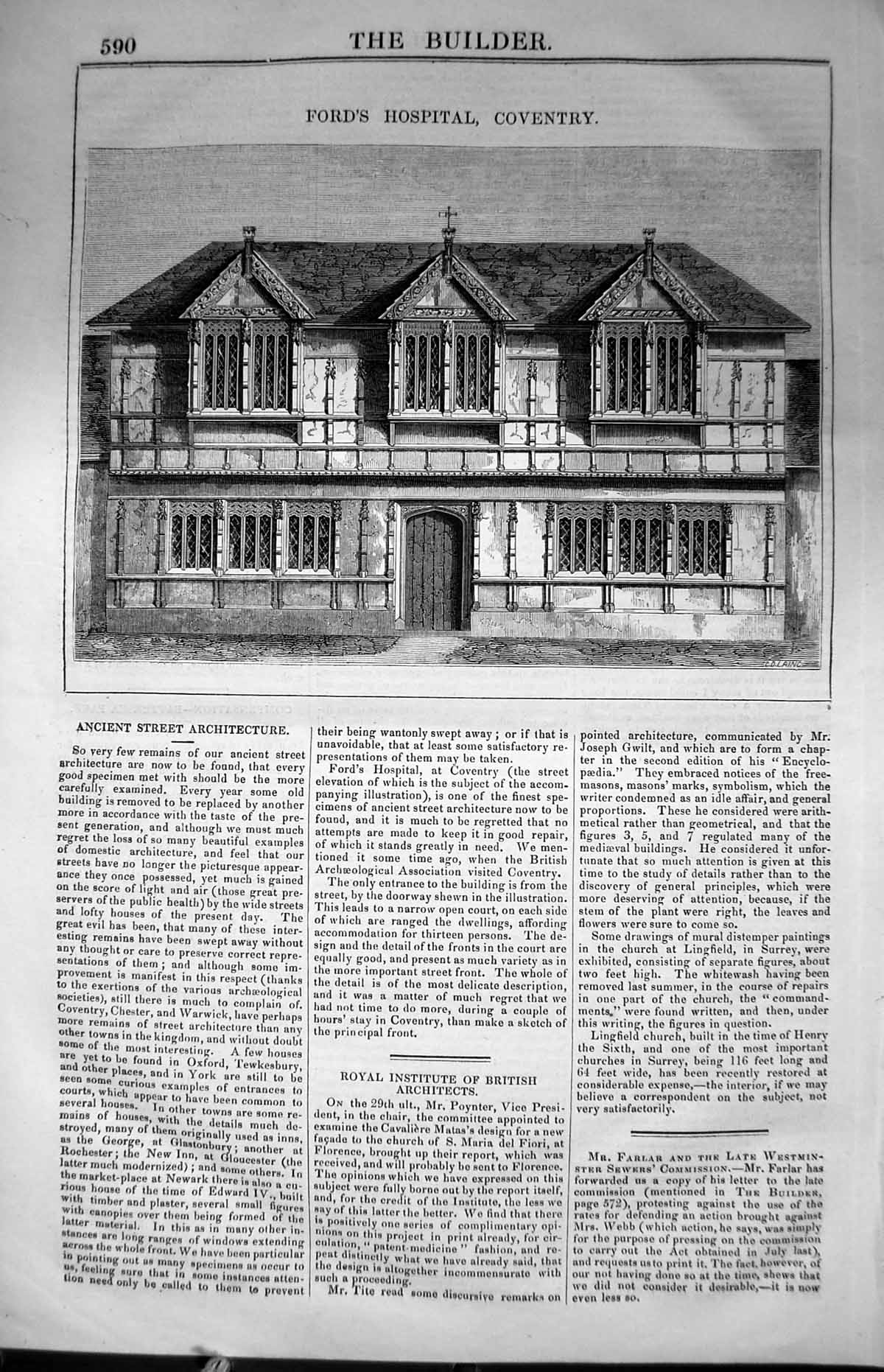 Antique Old Print Ford'S Hospital Coventry England Architecture 1847 Builder