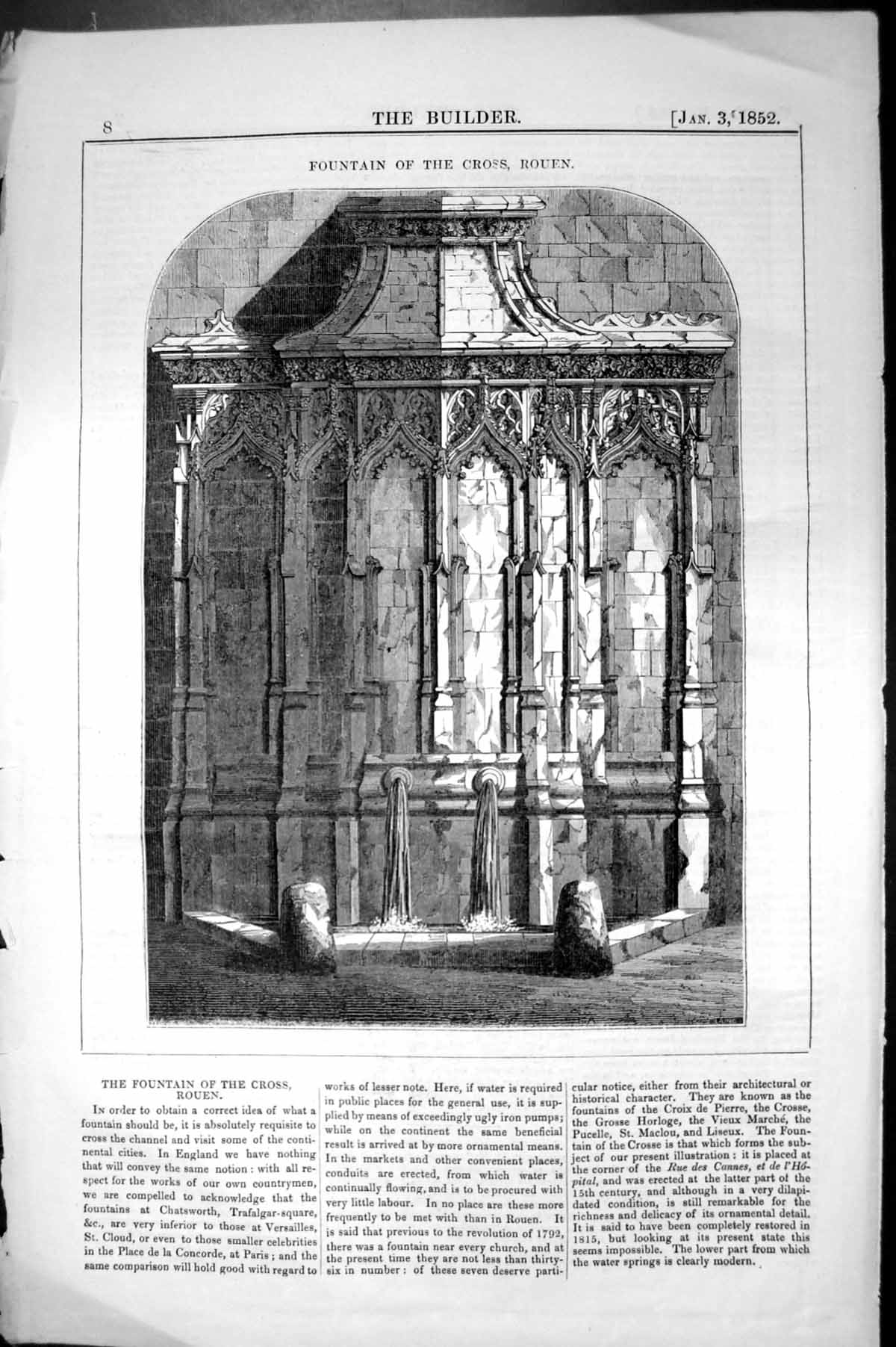 Original Old Antique Print Fountain Cross Rouen Architecture 1852 Builder 19th