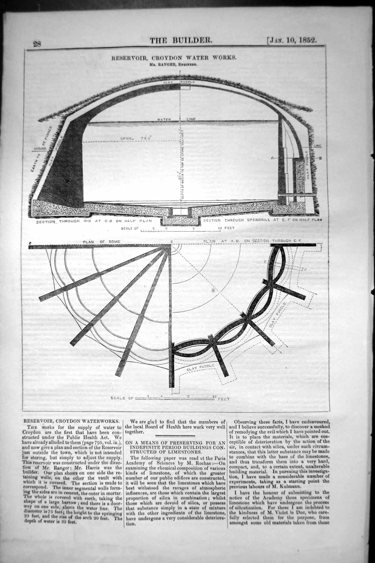 Antique Old Print Reservoir Croydon Water Works Ranger Engineer 1852 Builder