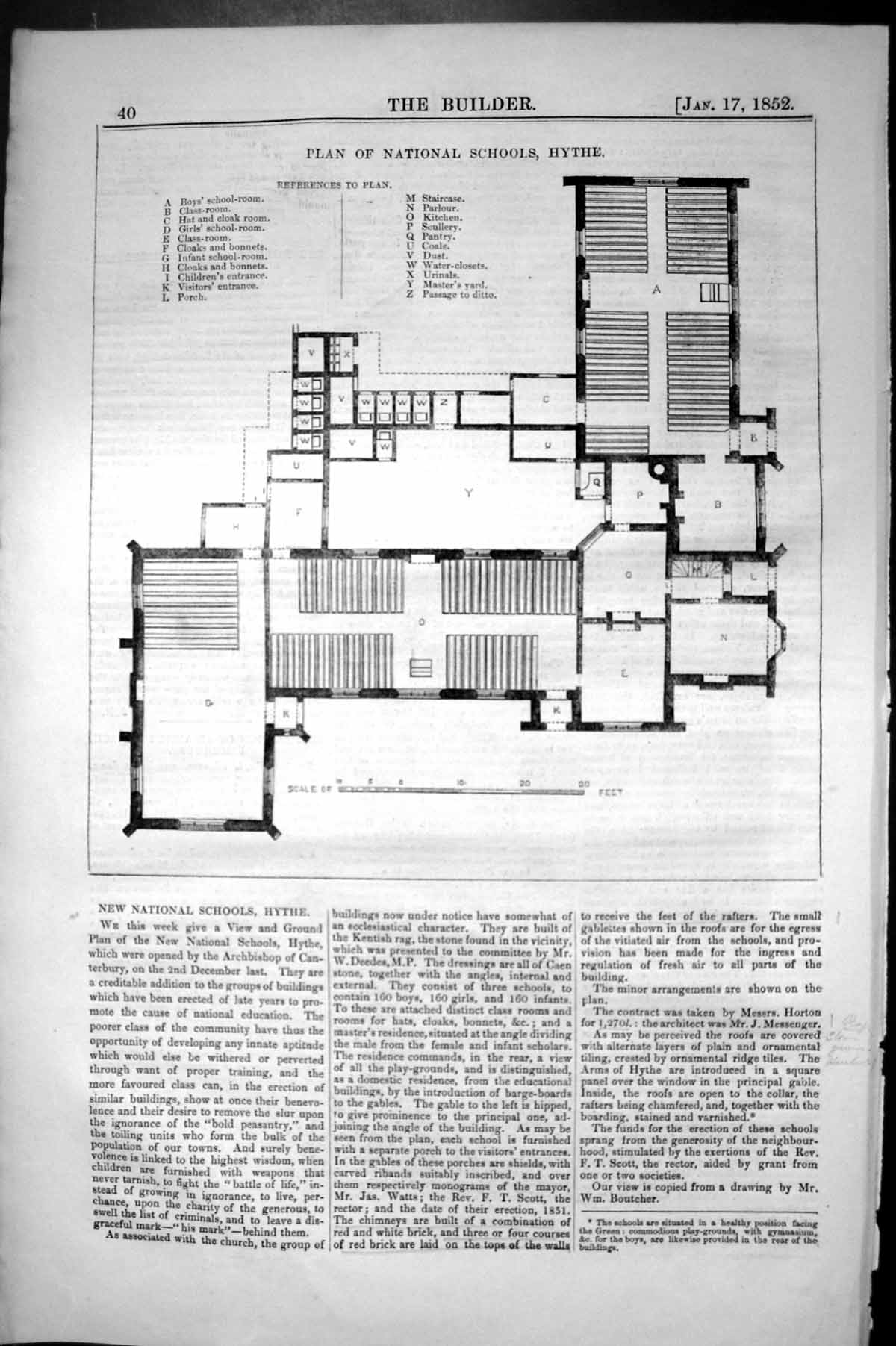 Old Antique Print Plan National Schools Hythe Architecture 1852 Builder 19th