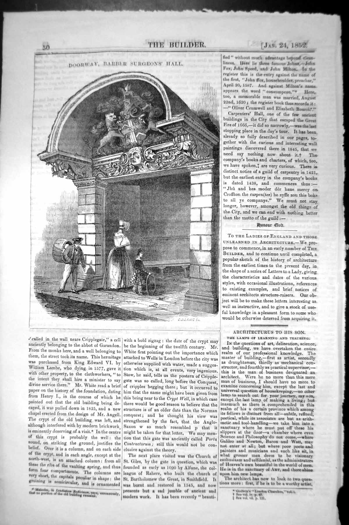 Old Antique Print Doorway Barber Surgeons Hall Architecture 1852 Builder 19th
