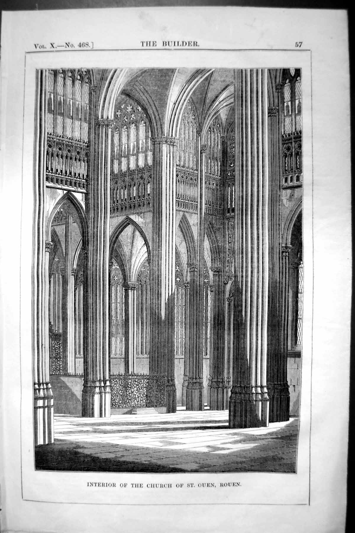 Antique Old Print Interior Church St. Ouen Rouen Architecture 1852 Builder 19th