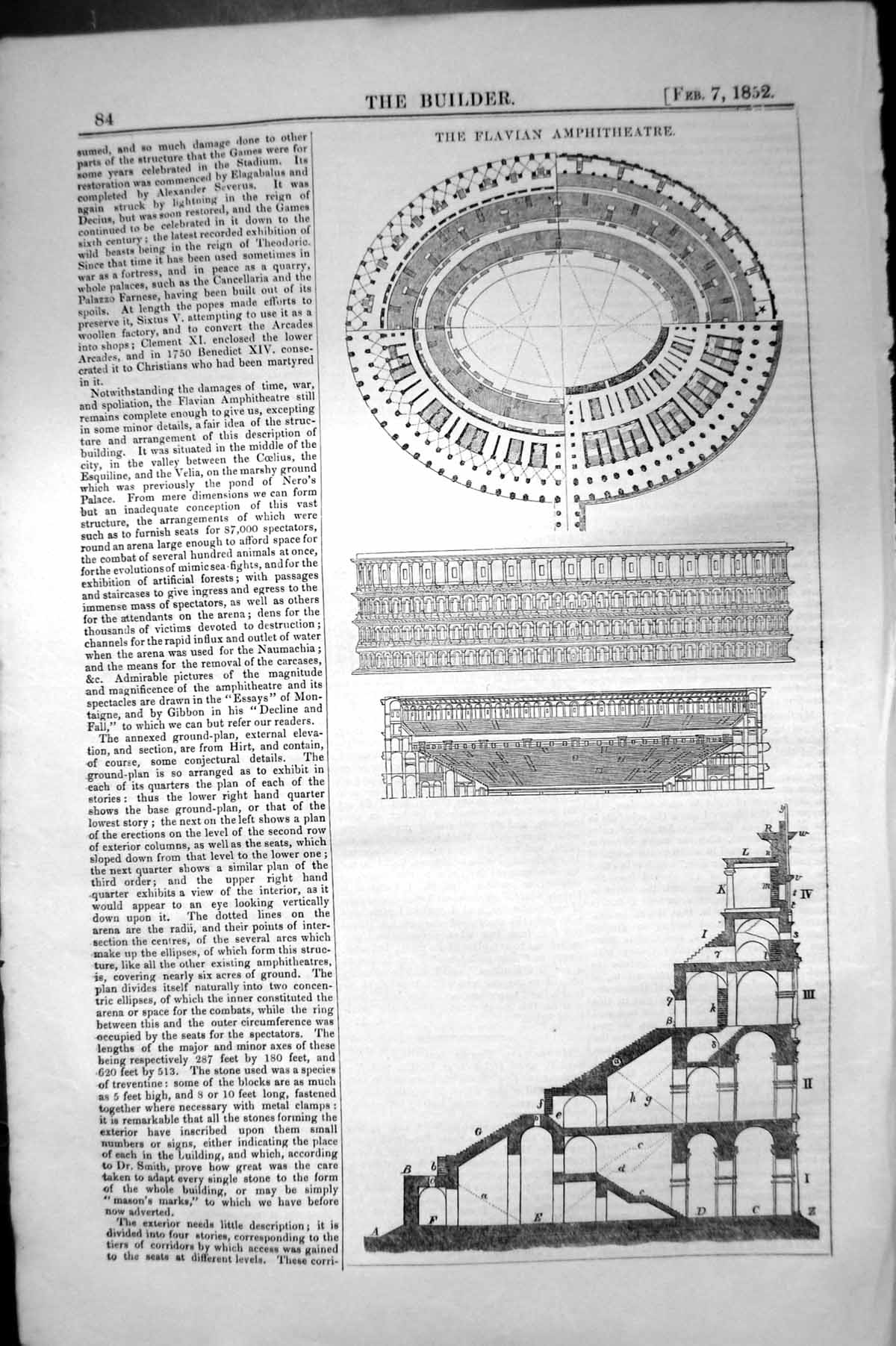 Original Old Antique Print Flavian Amphitheatre Architecture 1852 Builder 19th