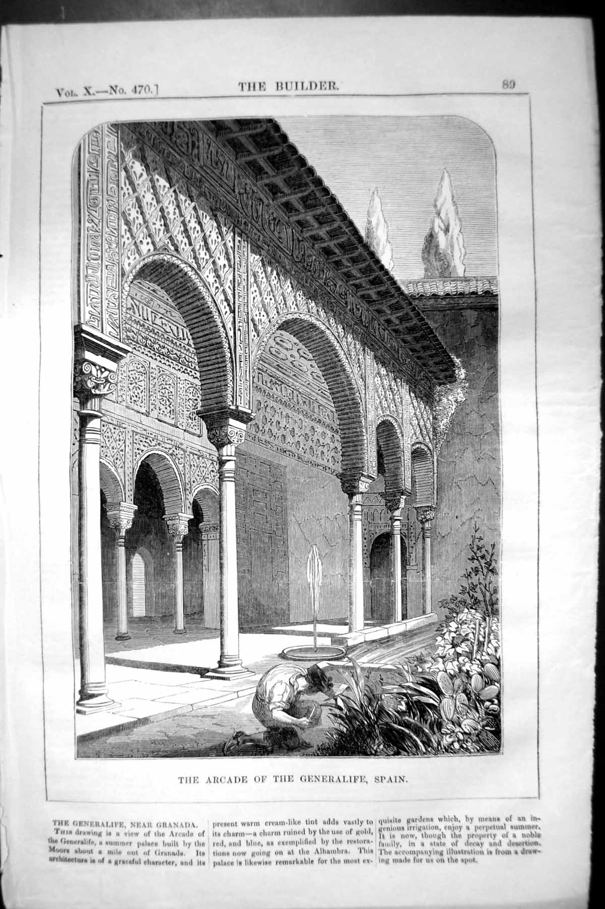 Antique Old Print Arcade Generalife Granada Spain Architecture 1852 Builder