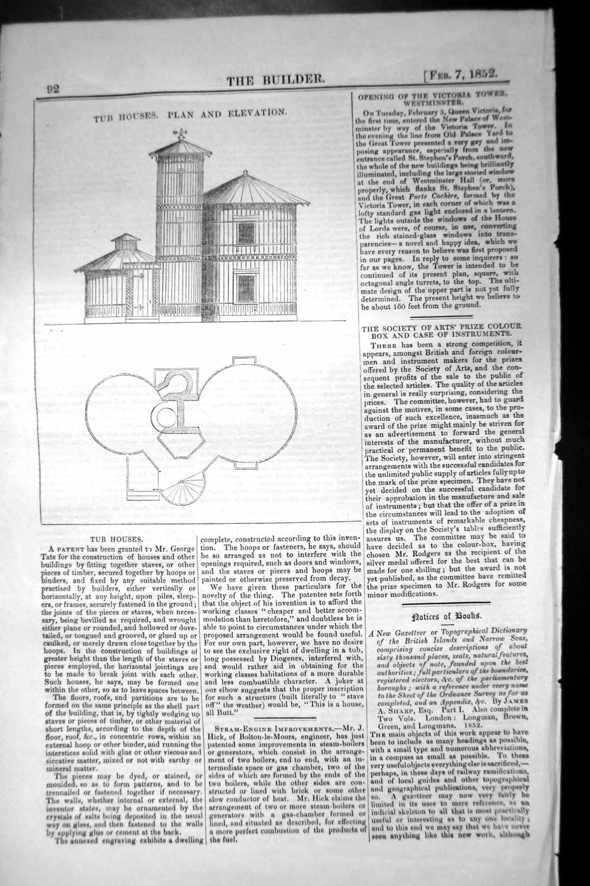Original Old Antique Print Architecture 1852 Builder Tub Houses Plan Elevation