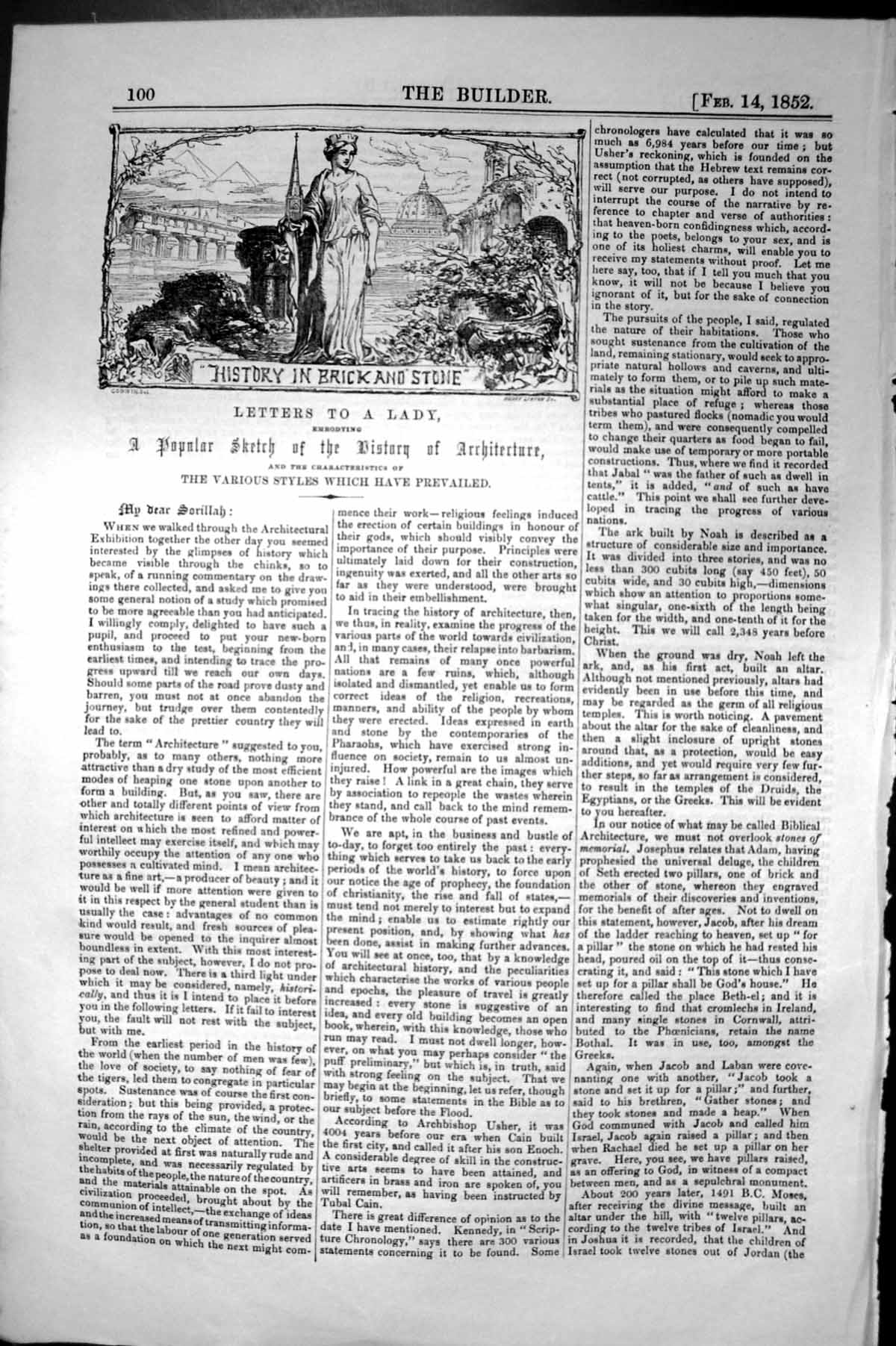 Antique Old Print History Brick Stone Bridge Statue Architecture 1852 Builder