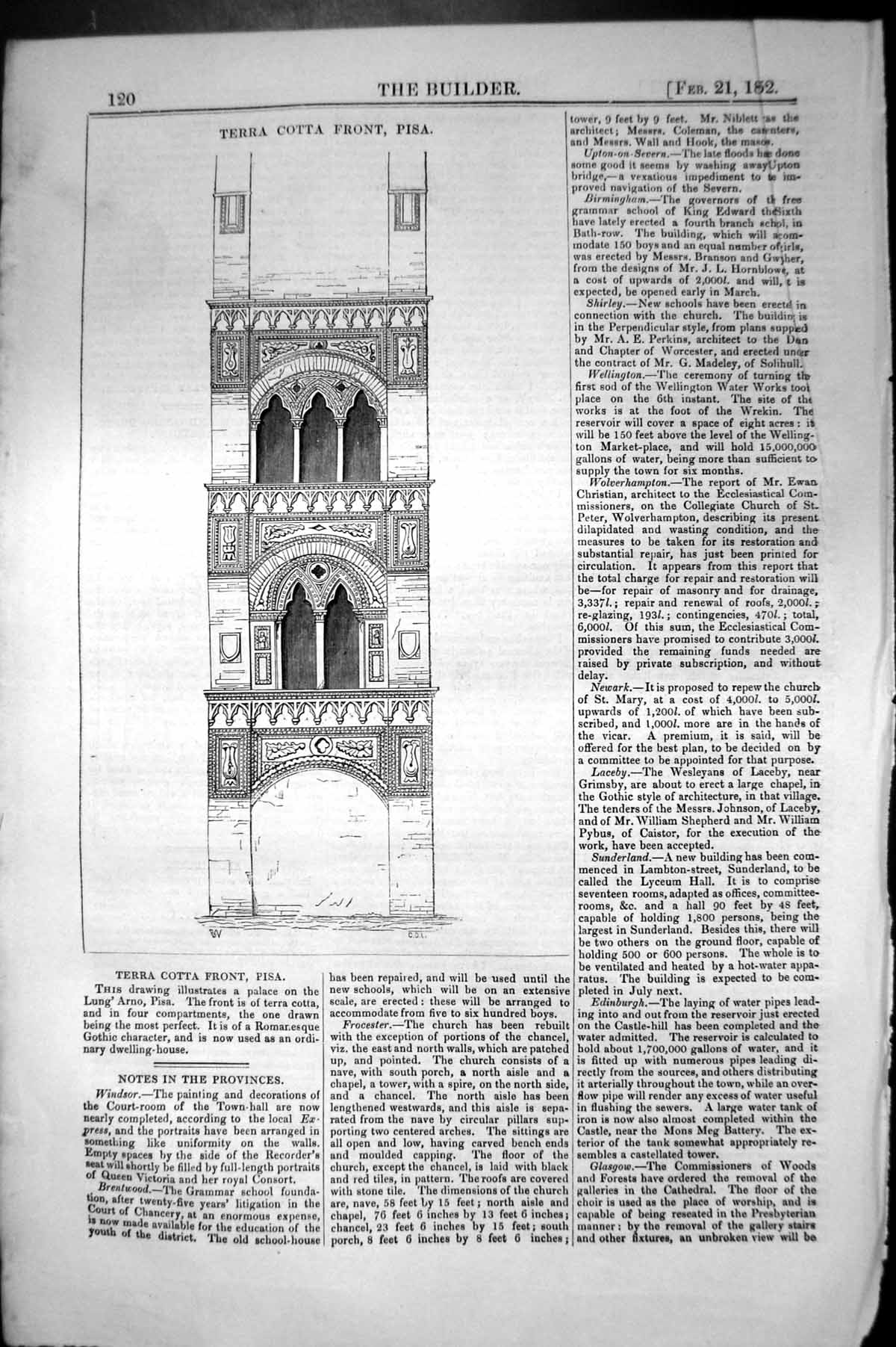 Old Antique Print Terra Cotta Front Pisa Italy Architecture 1852 Builder 19th