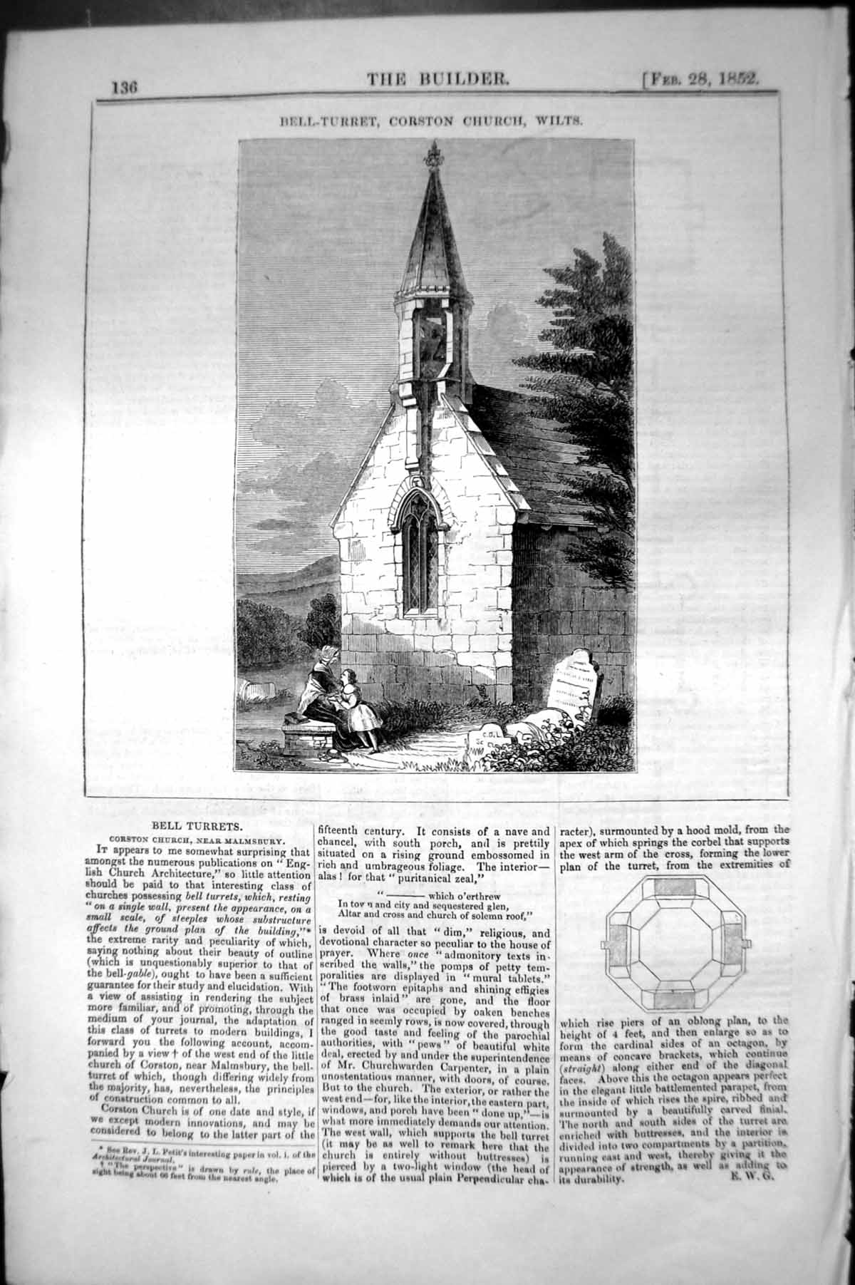 Old Print Bell Turret Corston Church Wiltshire Architecture 1852 Builder 19th