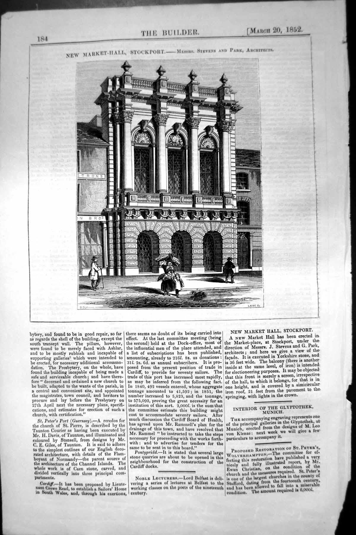 Antique Print Market Hall Stockport Stevens Park Architecture 1852 Builder 19th