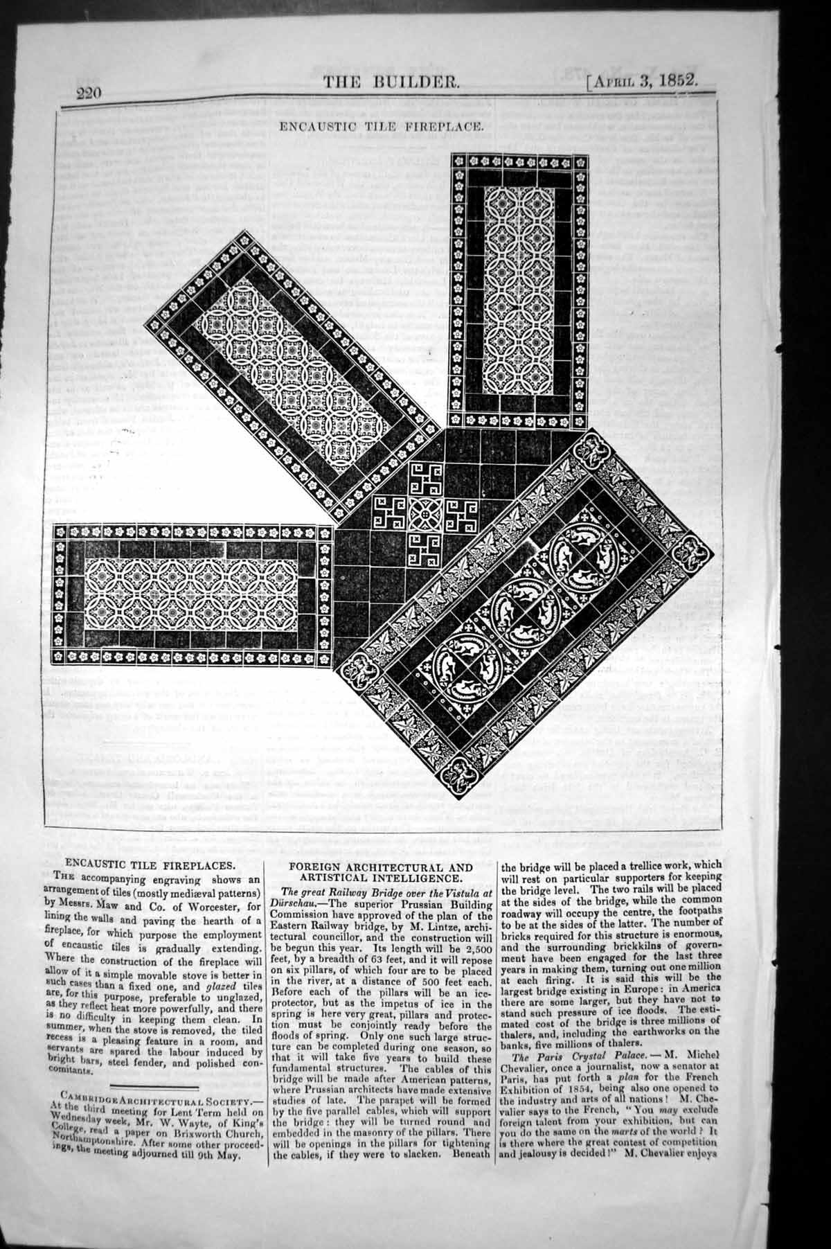Original Old Antique Print Encaustic Tile Fireplace Architecture 1852 Builder