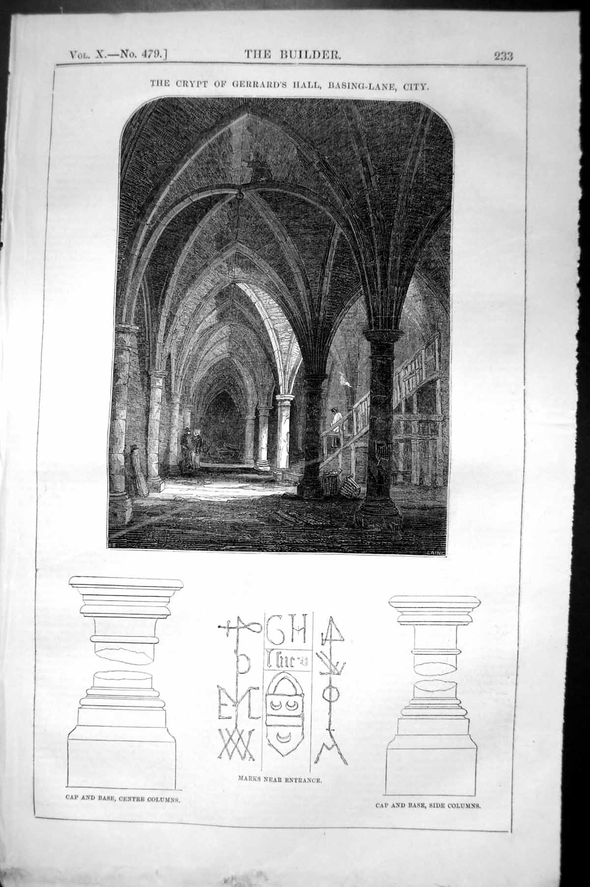 Old Print Crypt Gerrards Hall Basing Lane City Architecture 1852 Builder 19th