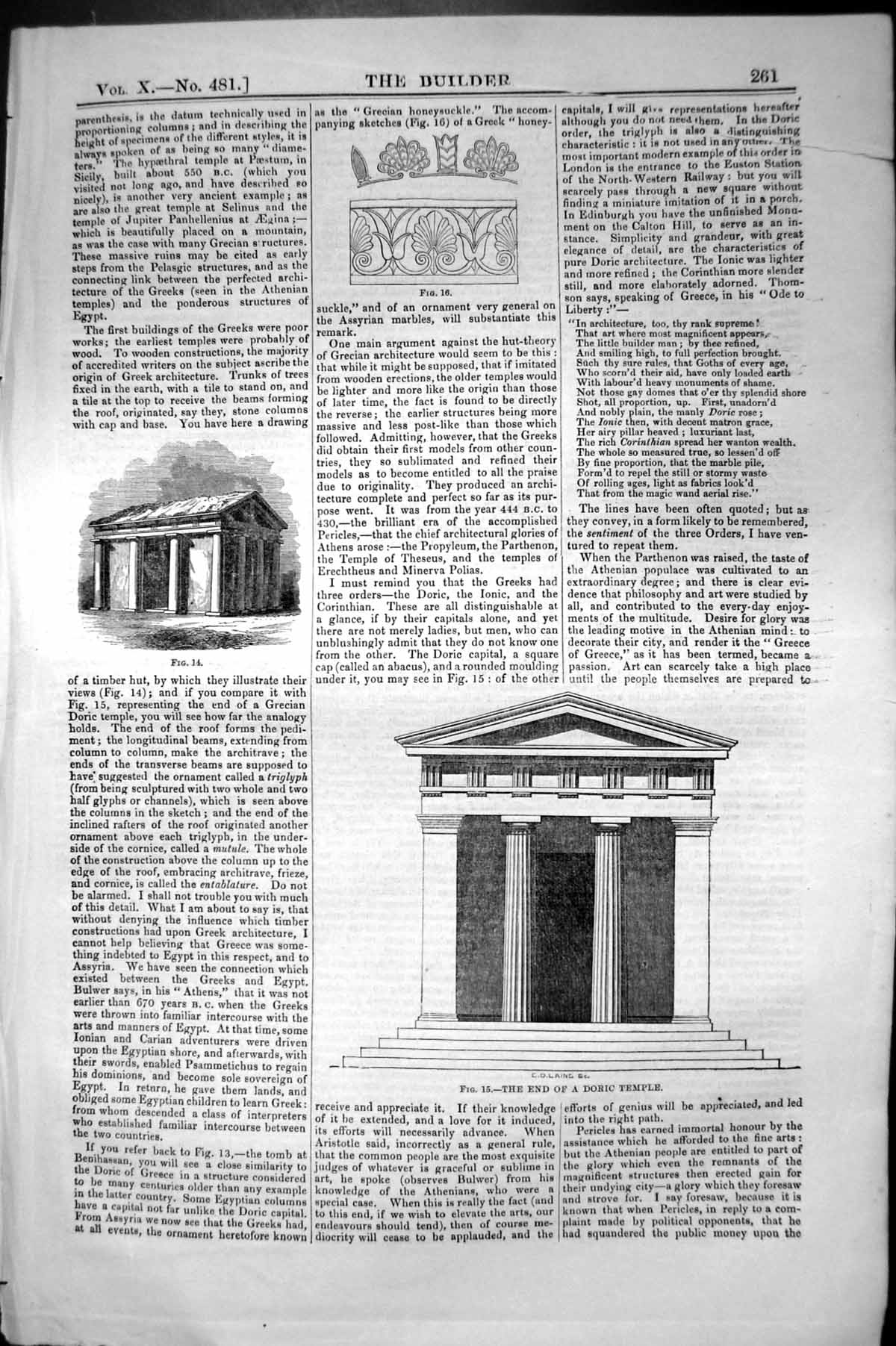 Original Old Antique Print End Doric Temple Building Architecture 1852 Builder