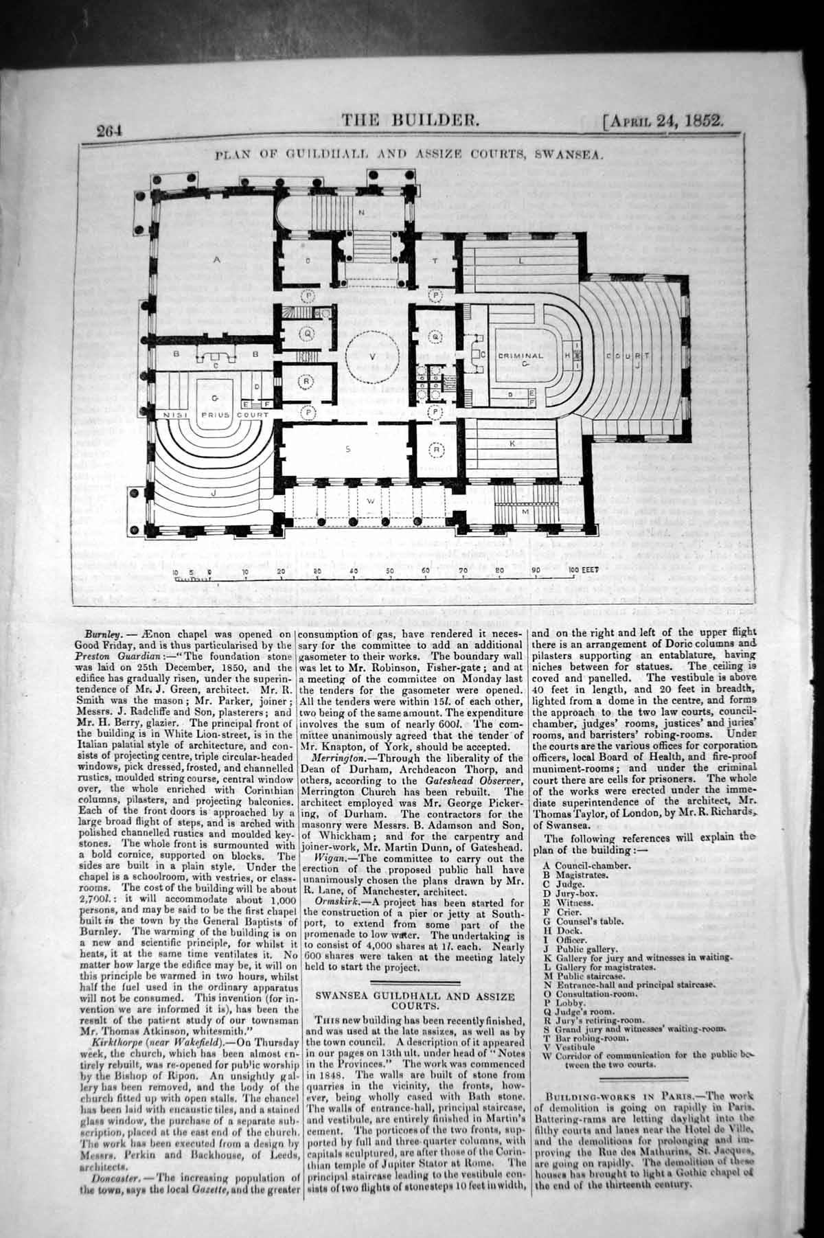Old Print Plan Guildhall Assize Courts Swansea Architecture 1852 Builder 19th