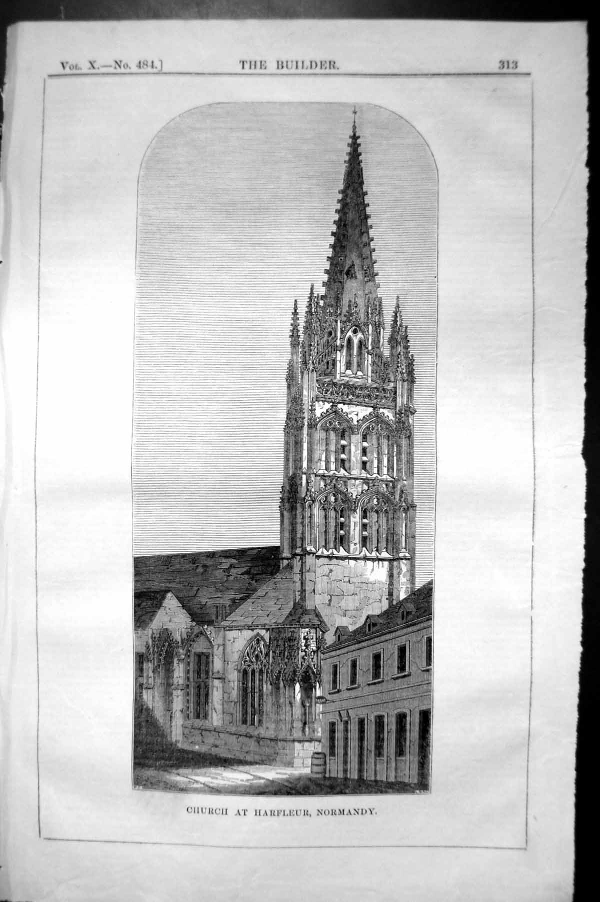 Antique Old Print Church Harfleur Normandy France Architecture 1852 Builder