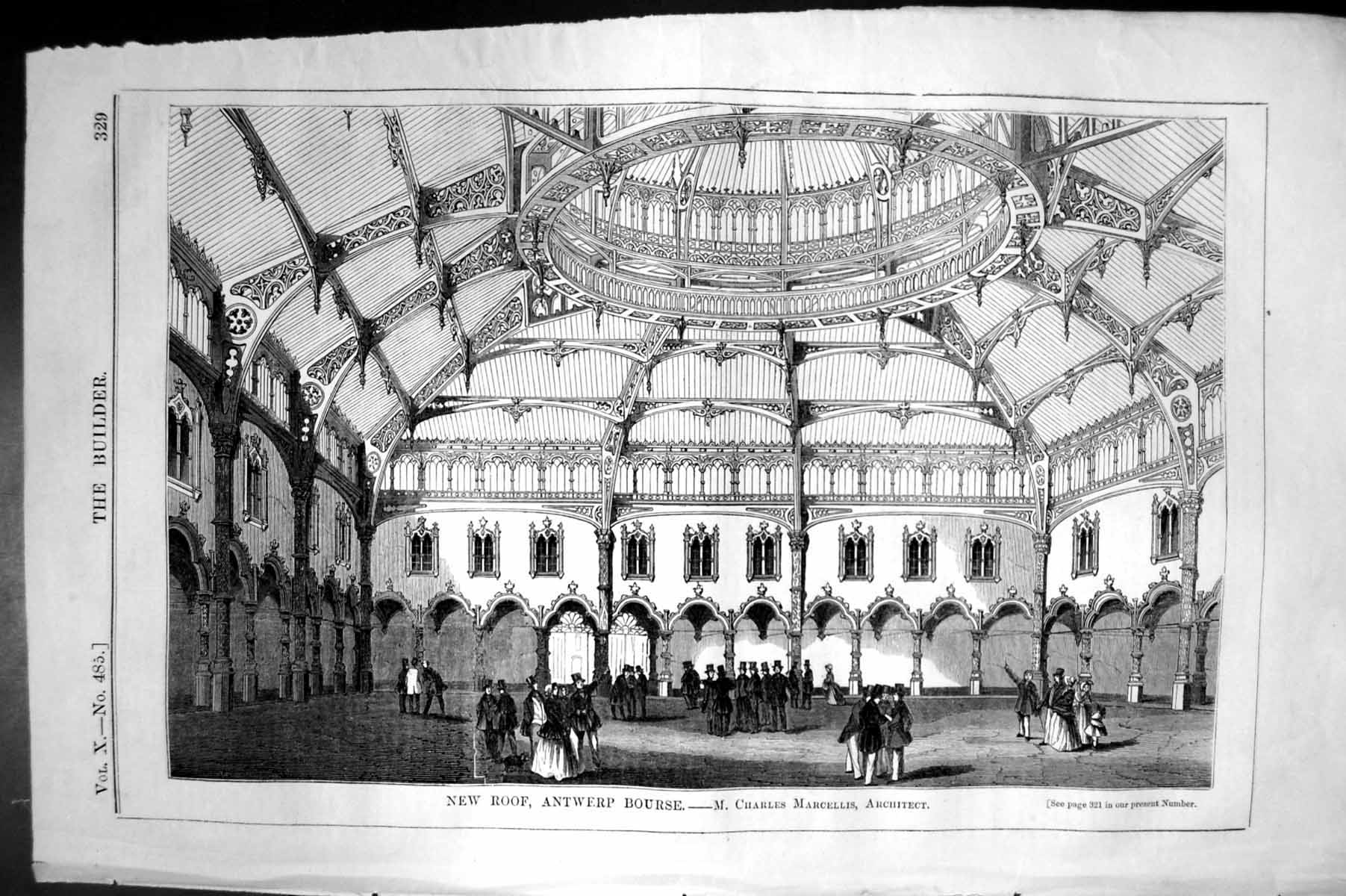 Old Print New RoAntwerp Bourse Charles Marcellis Architecture 1852 Build 19th