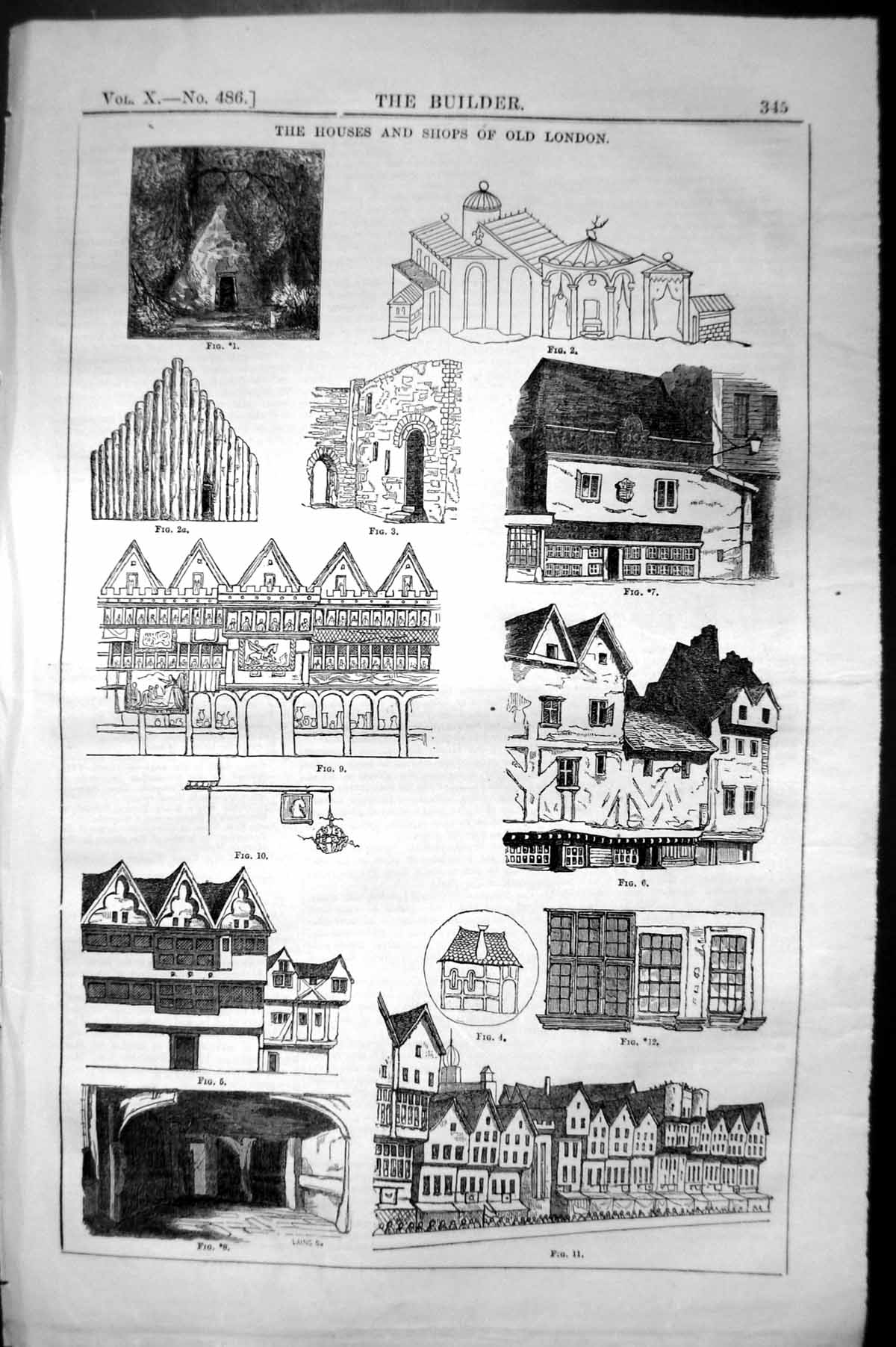 Original Old Antique Print Houses Shops London Architecture 1852 Builder 19th