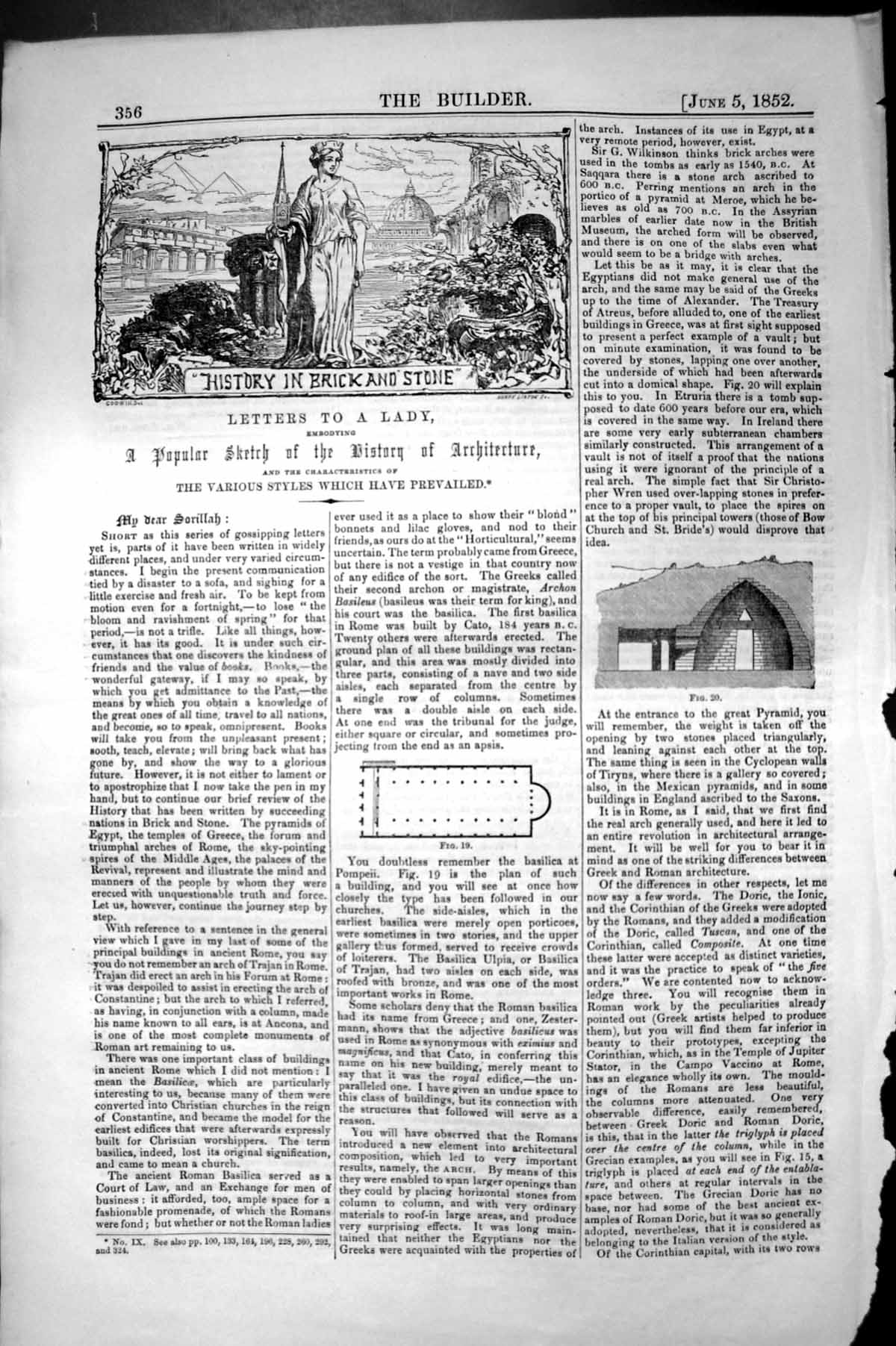 Old Print Architecture 1852 Builder History Brick Stone Arches Wilkinson 19th