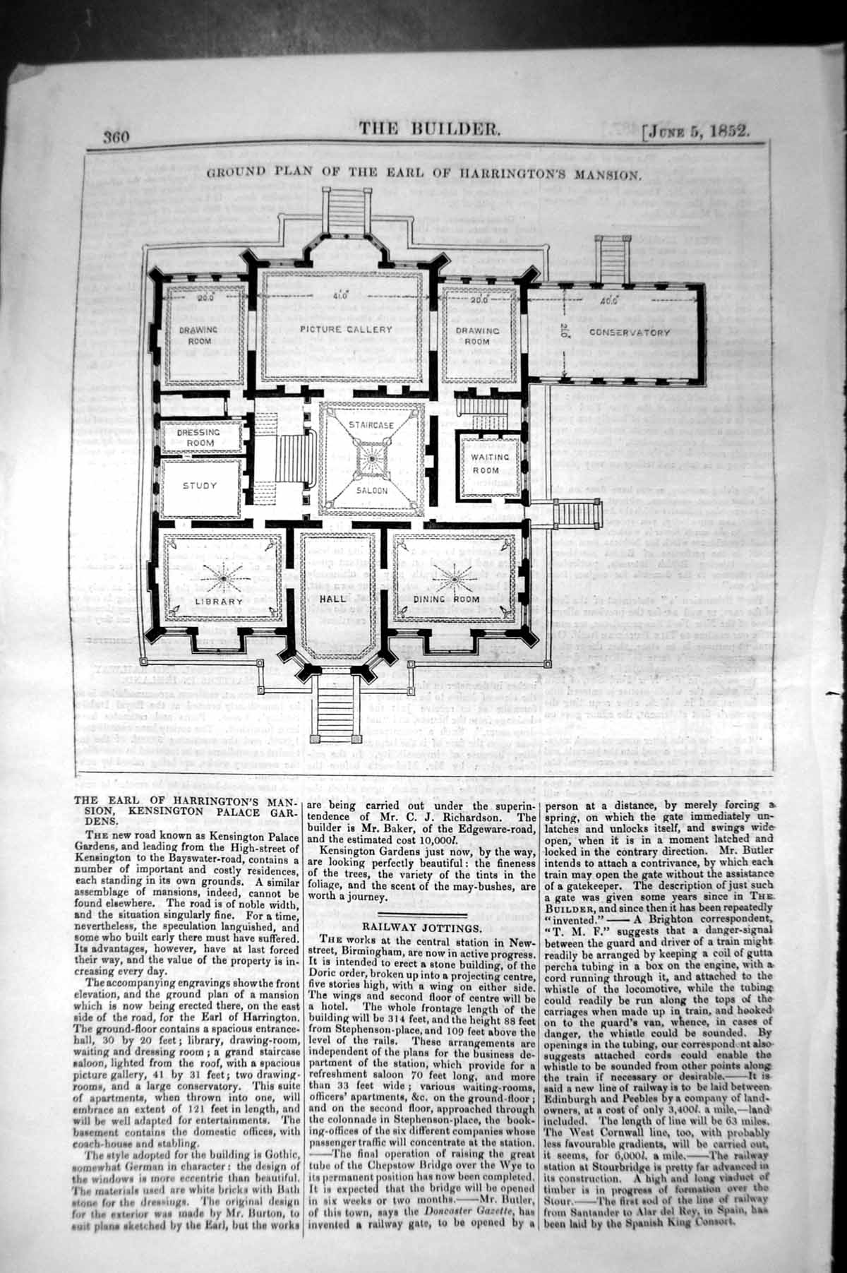 Antique Print Ground Plan Earl Harrington Mansion Architecture 1852 Builder