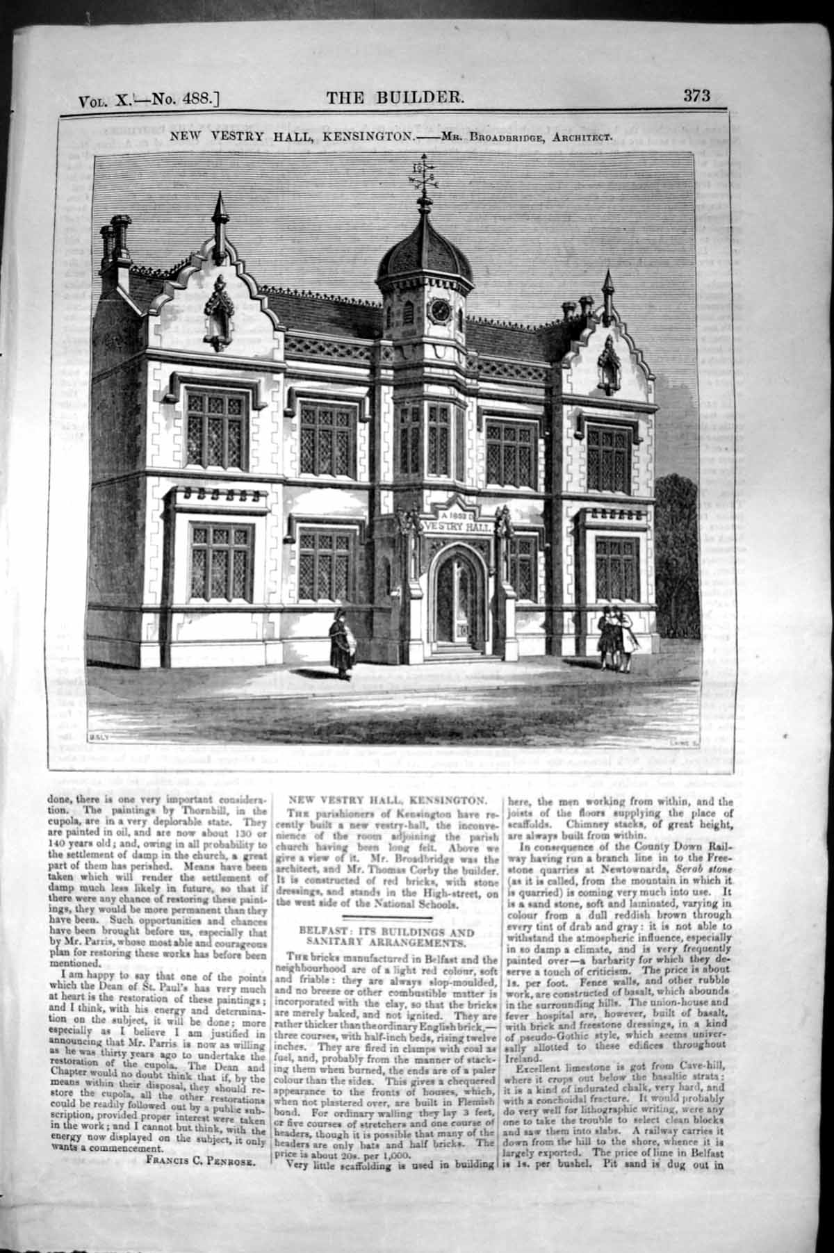 Antique Print Vestry Hall Kensington Broadbridge Architecture 1852 Builder 19th